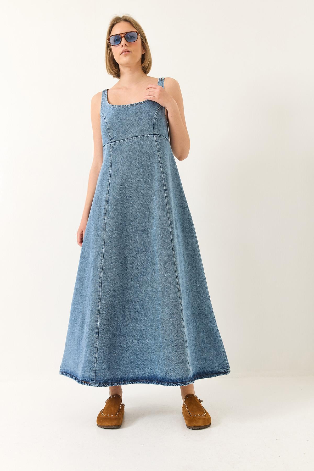 Geniş Yaka Askılı Kloş Denim Elbise 6069 60281038 - Buz Mavisi