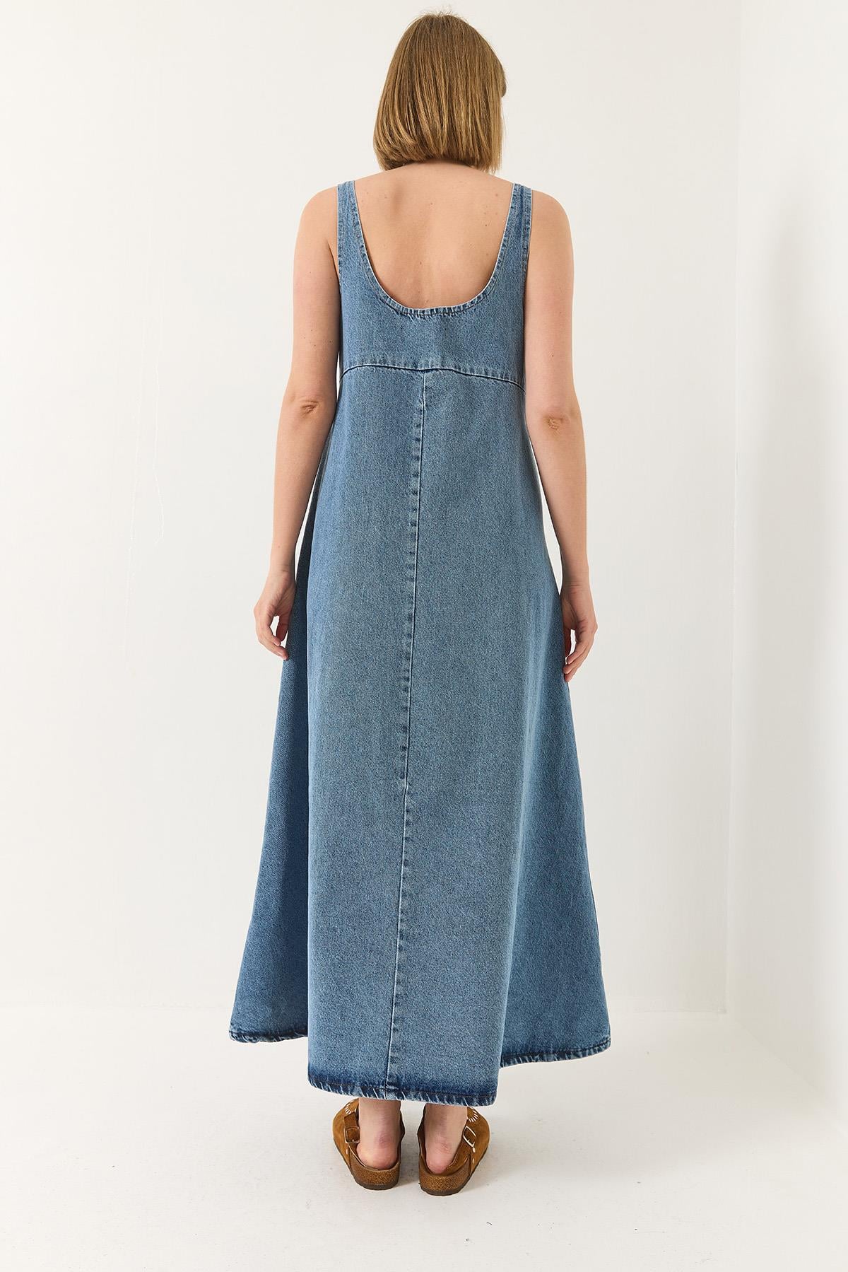 Geniş Yaka Askılı Kloş Denim Elbise 6069 60281038 - Buz Mavisi