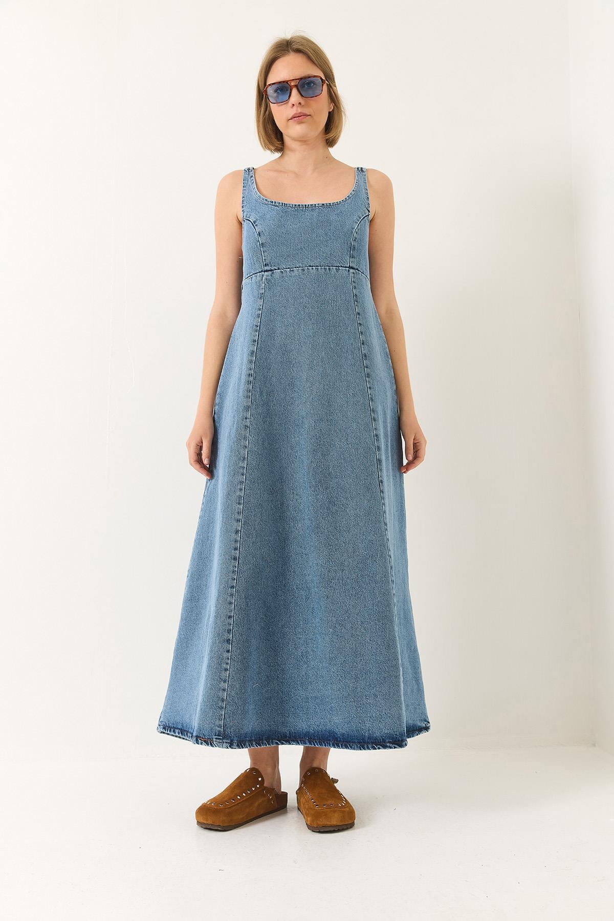 Geniş Yaka Askılı Kloş Denim Elbise 6069 60281038 - Buz Mavisi