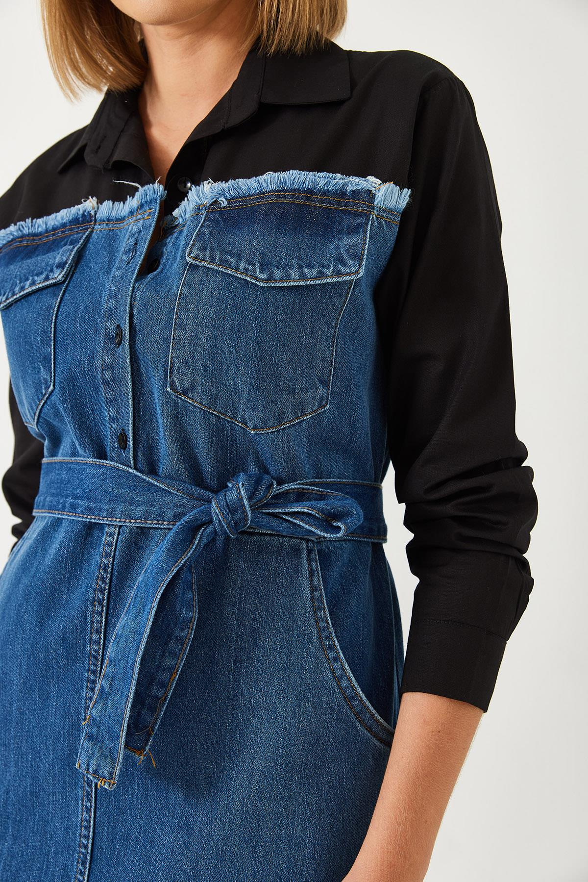 Gömlek Yaka Kemerli Denim Elbise 8171 60351337 - Siyah-İndigo