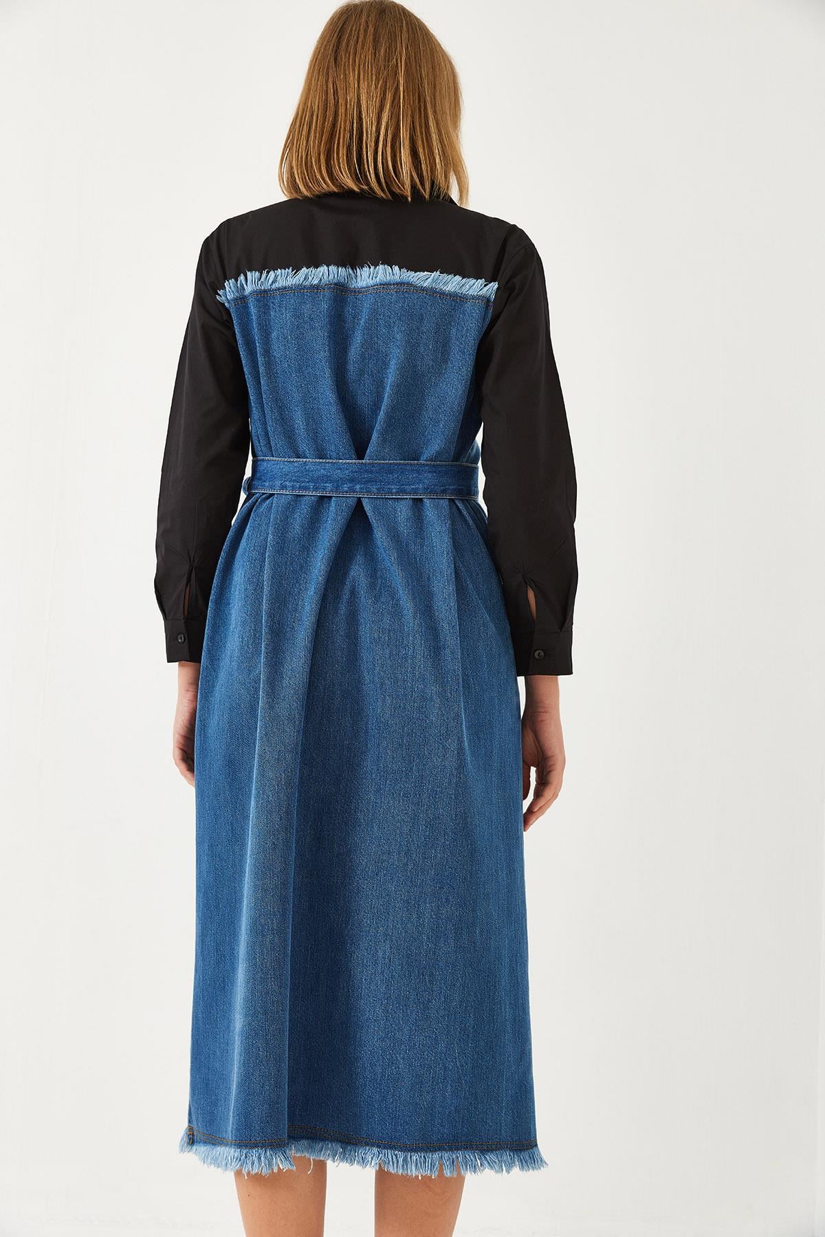 Gömlek Yaka Kemerli Denim Elbise 8171 60351337 - Siyah-İndigo