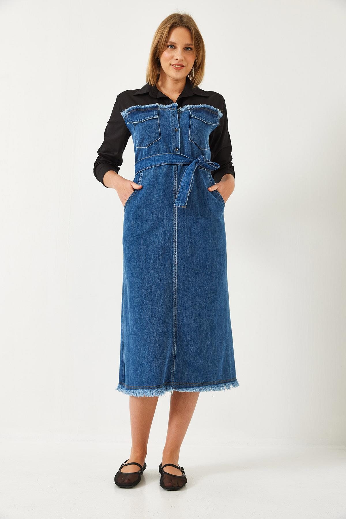 Gömlek Yaka Kemerli Denim Elbise 8171 60351337 - Siyah-İndigo