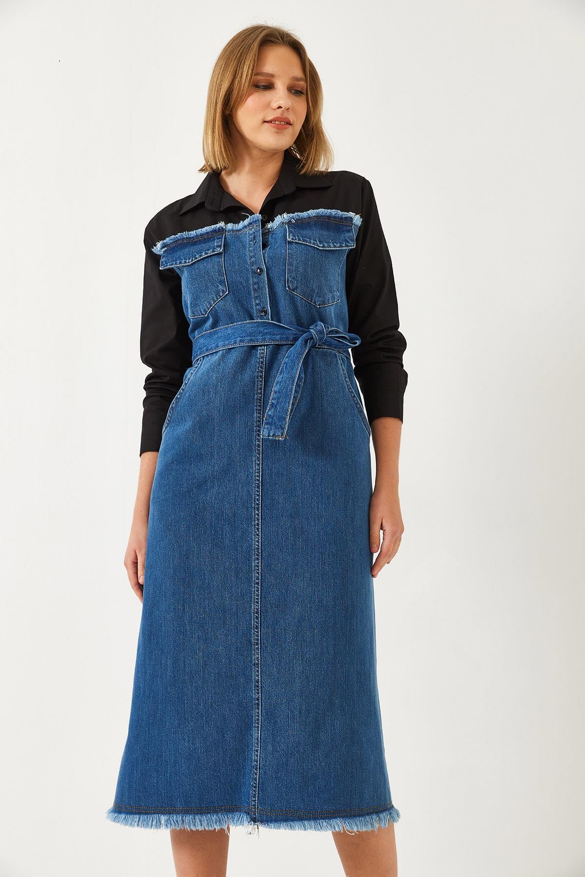 Gömlek Yaka Kemerli Denim Elbise 8171 60351337 - Siyah-İndigo
