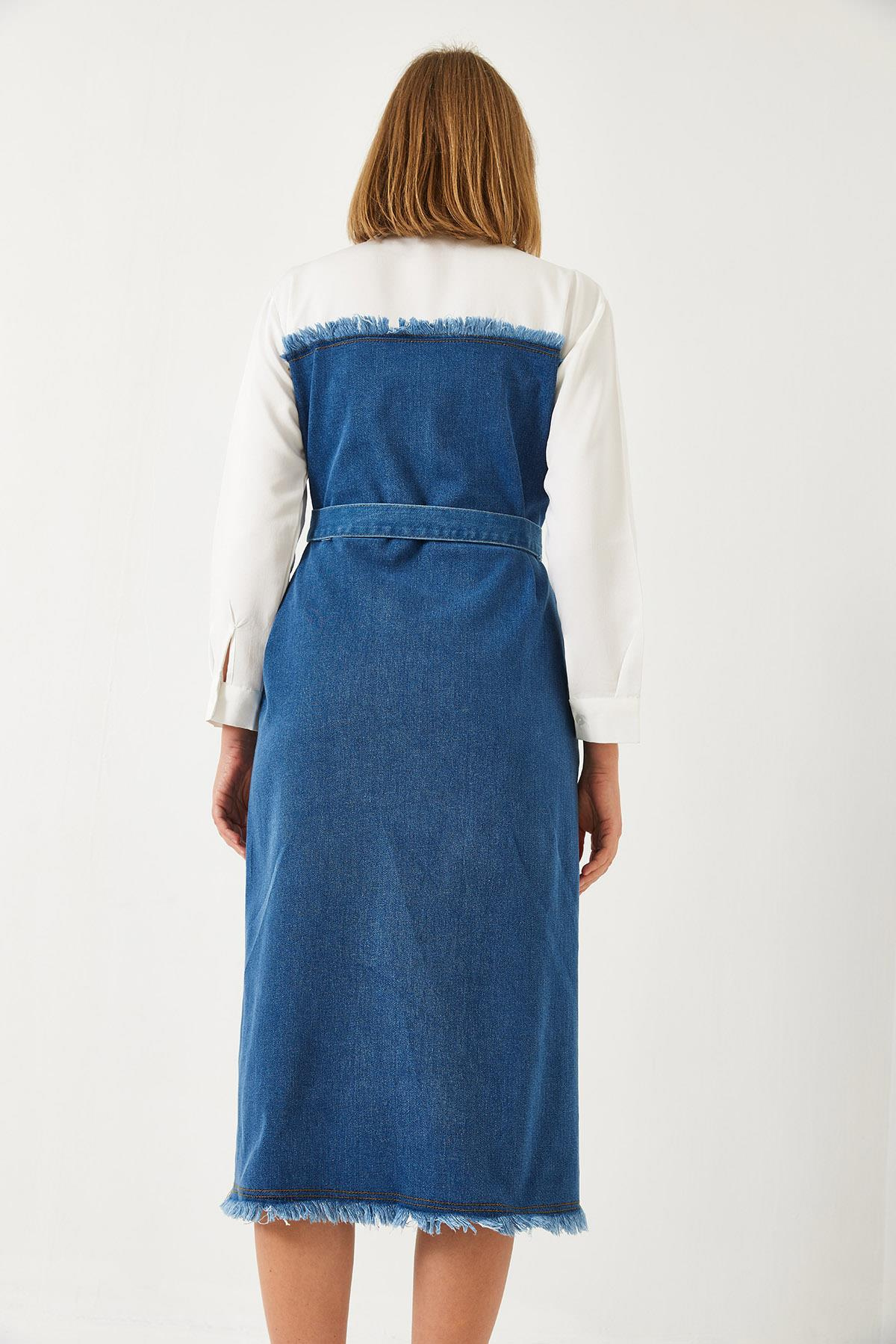 Gömlek Yaka Kemerli Denim Elbise 8171 60351337 - Beyaz ELBİSE modelleri