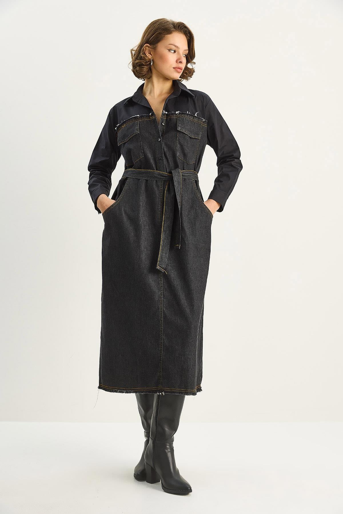 Gömlek Yaka Kemerli Denim Elbise 8171 60351337 - Siyah-Antrasit ELBİSE modelleri