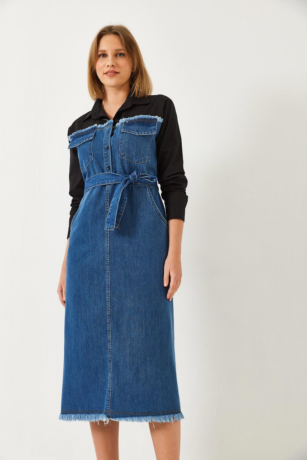 Gömlek Yaka Kemerli Denim Elbise 8171 60351337 - Siyah-İndigo