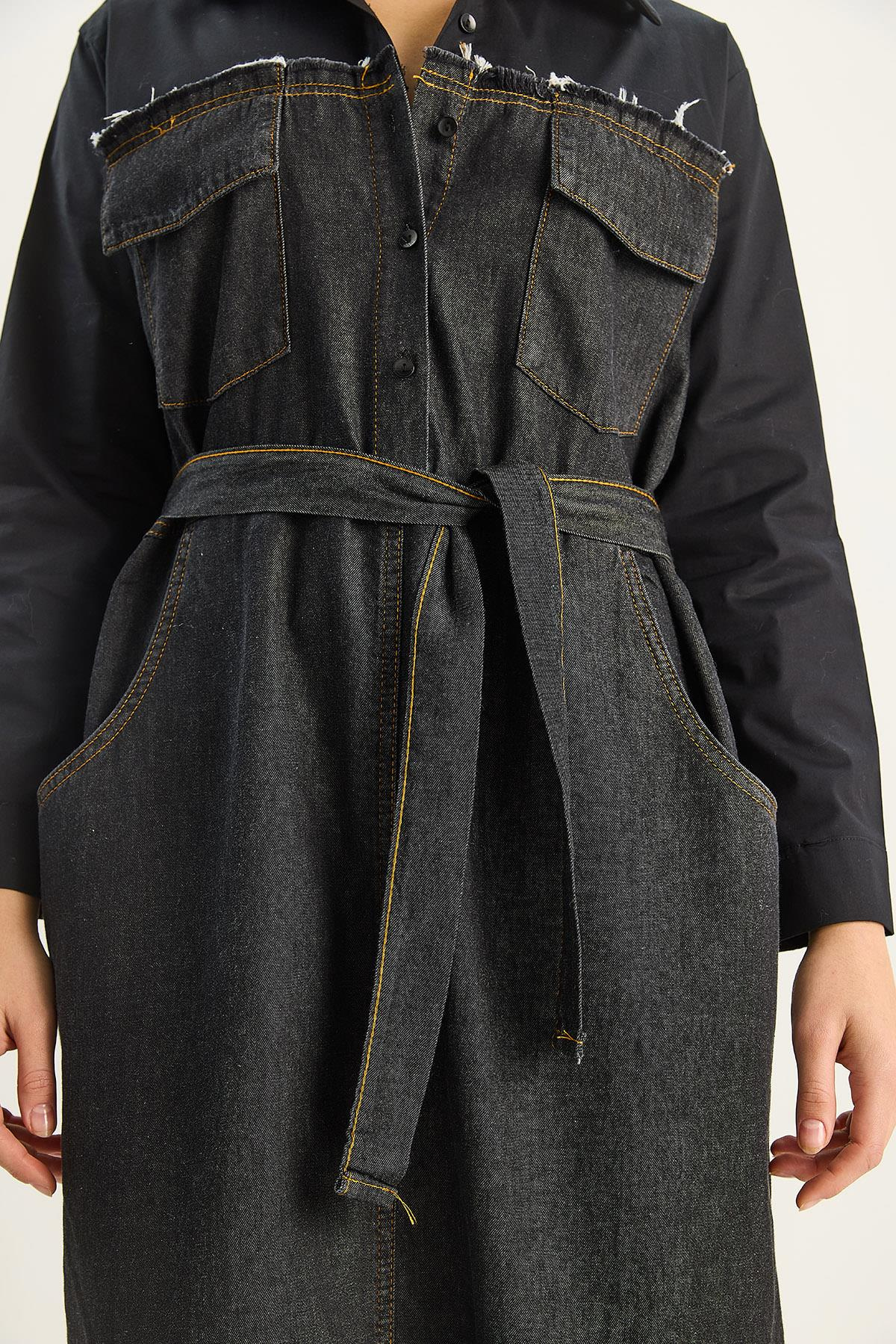 Gömlek Yaka Kemerli Denim Elbise 8171 60351337 - Siyah-Antrasit ELBİSE modelleri