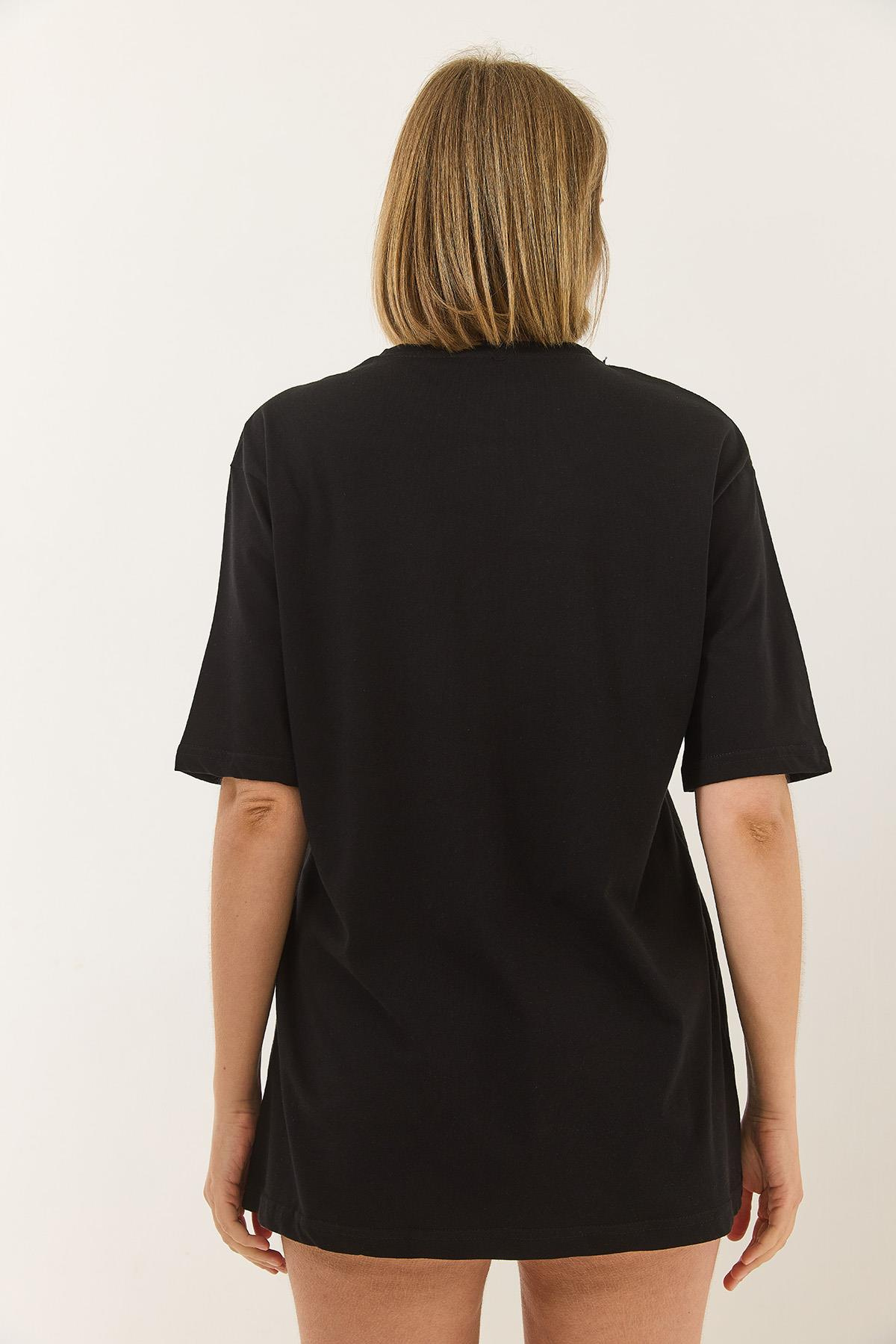 Göz Baskılı Kısa Kollu Pamuklu Oversize T-Shirt 60283184 - Siyah