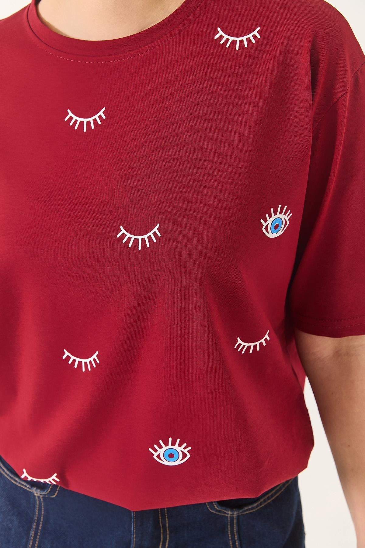 Göz Baskılı Kısa Kollu Pamuklu Oversize T-Shirt 60283184 - Bordo