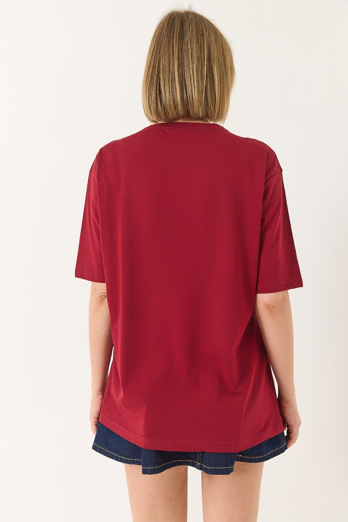 Göz Baskılı Kısa Kollu Pamuklu Oversize T-Shirt 60283184 - Bordo