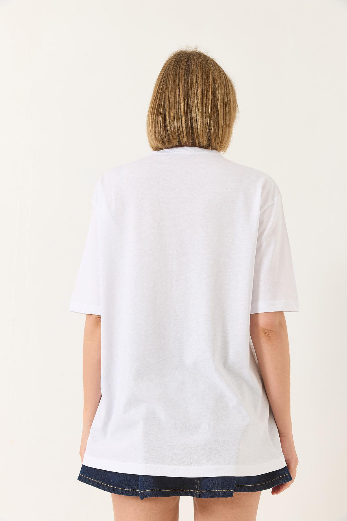 Göz Baskılı Kısa Kollu Pamuklu Oversize T-Shirt 60283184 - Beyaz