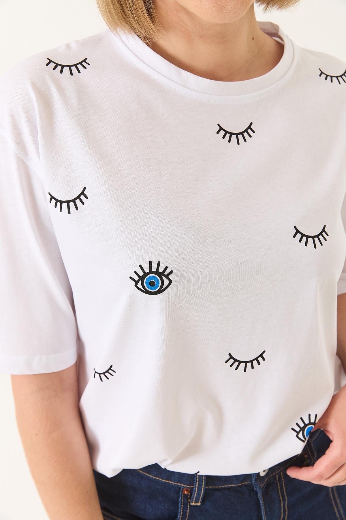 Göz Baskılı Kısa Kollu Pamuklu Oversize T-Shirt 60283184 - Beyaz