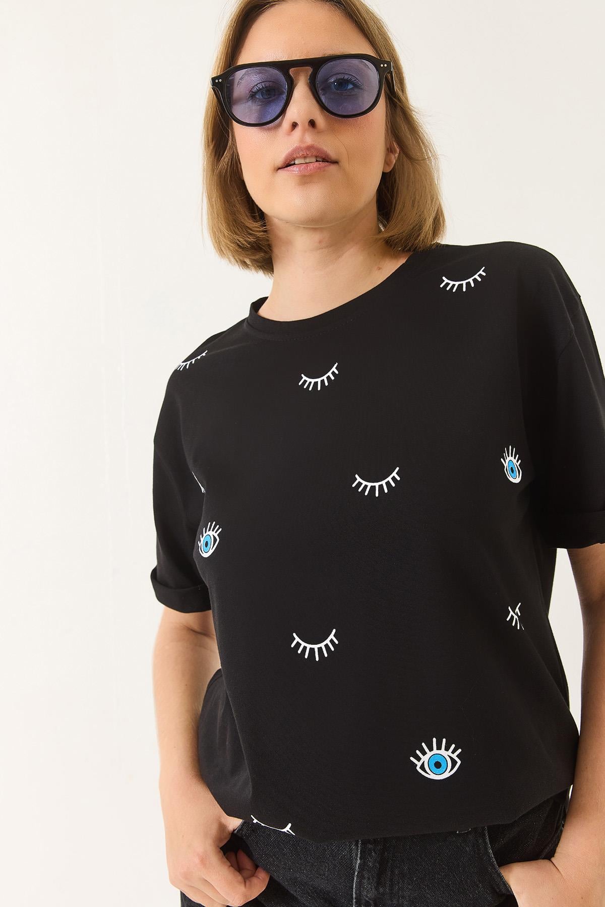 Göz Baskılı Kısa Kollu Pamuklu Oversize T-Shirt 60283184 - Siyah