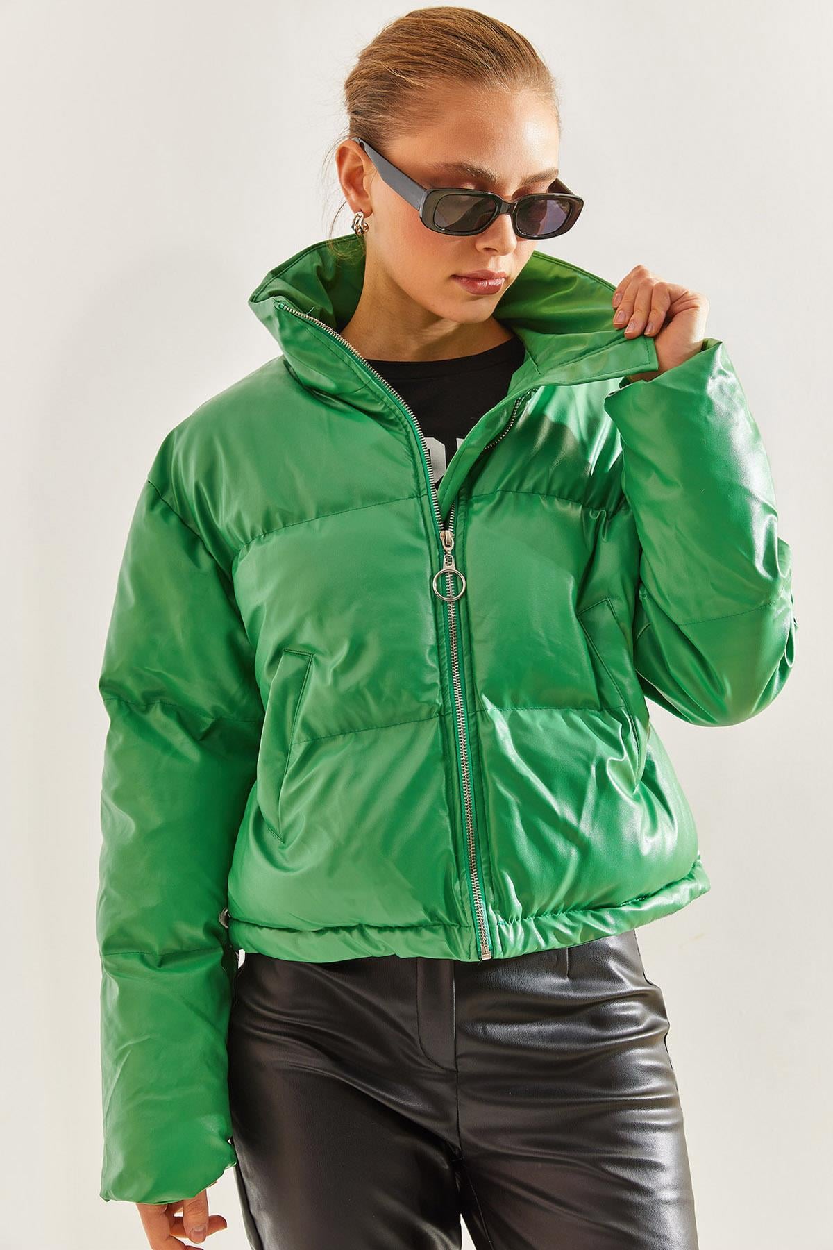 Hakim Yaka Deri Şişme Mont - Yeşil DIŞ GİYİM modelleri