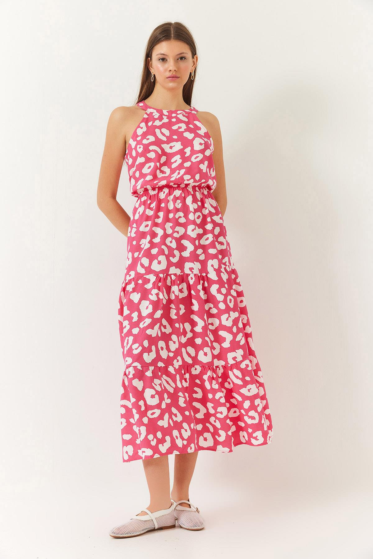 Halter Yaka Beli Lastikli Katlı Viskon Elbise 60261421 - Pembe