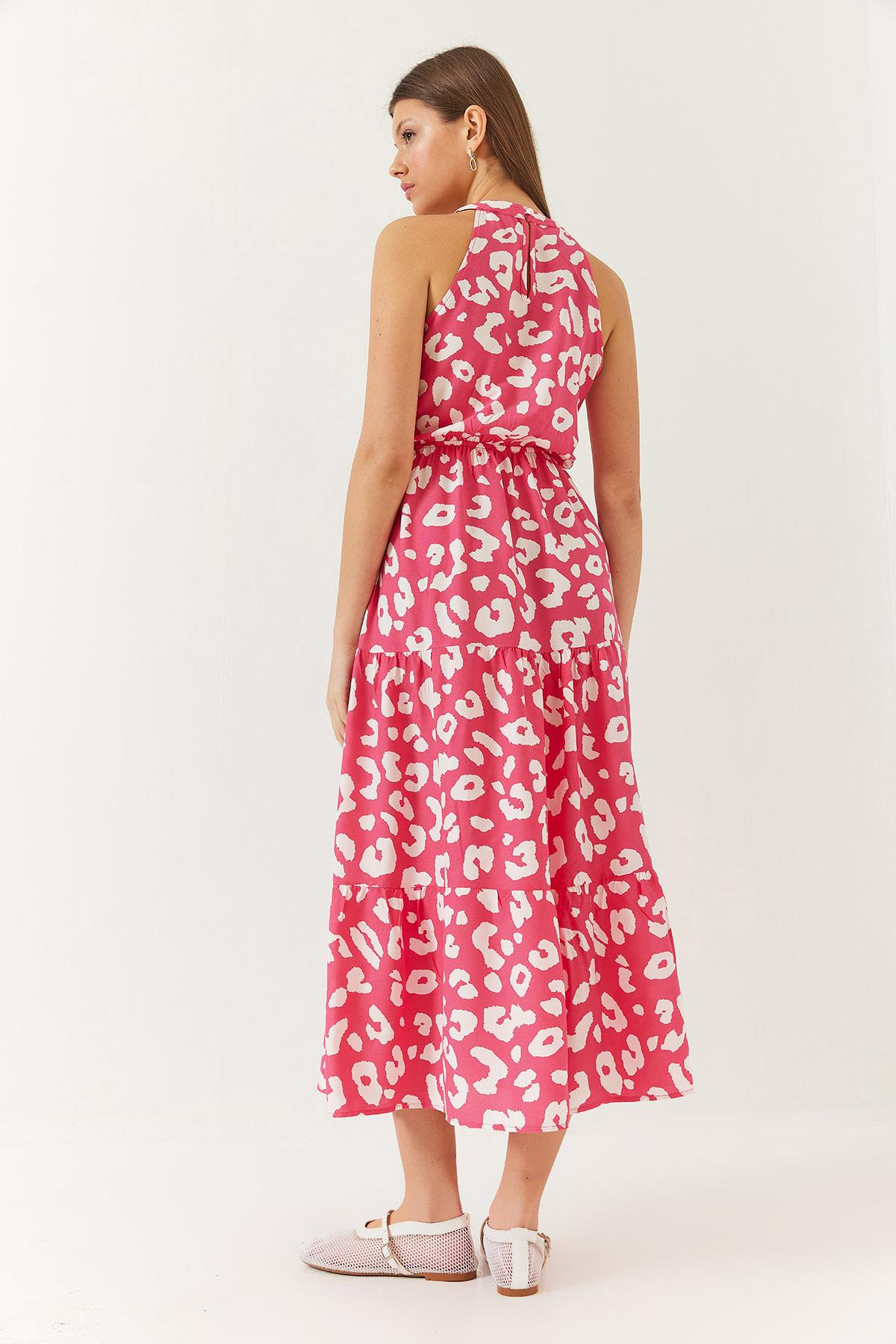 Halter Yaka Beli Lastikli Katlı Viskon Elbise 60261421 - Pembe