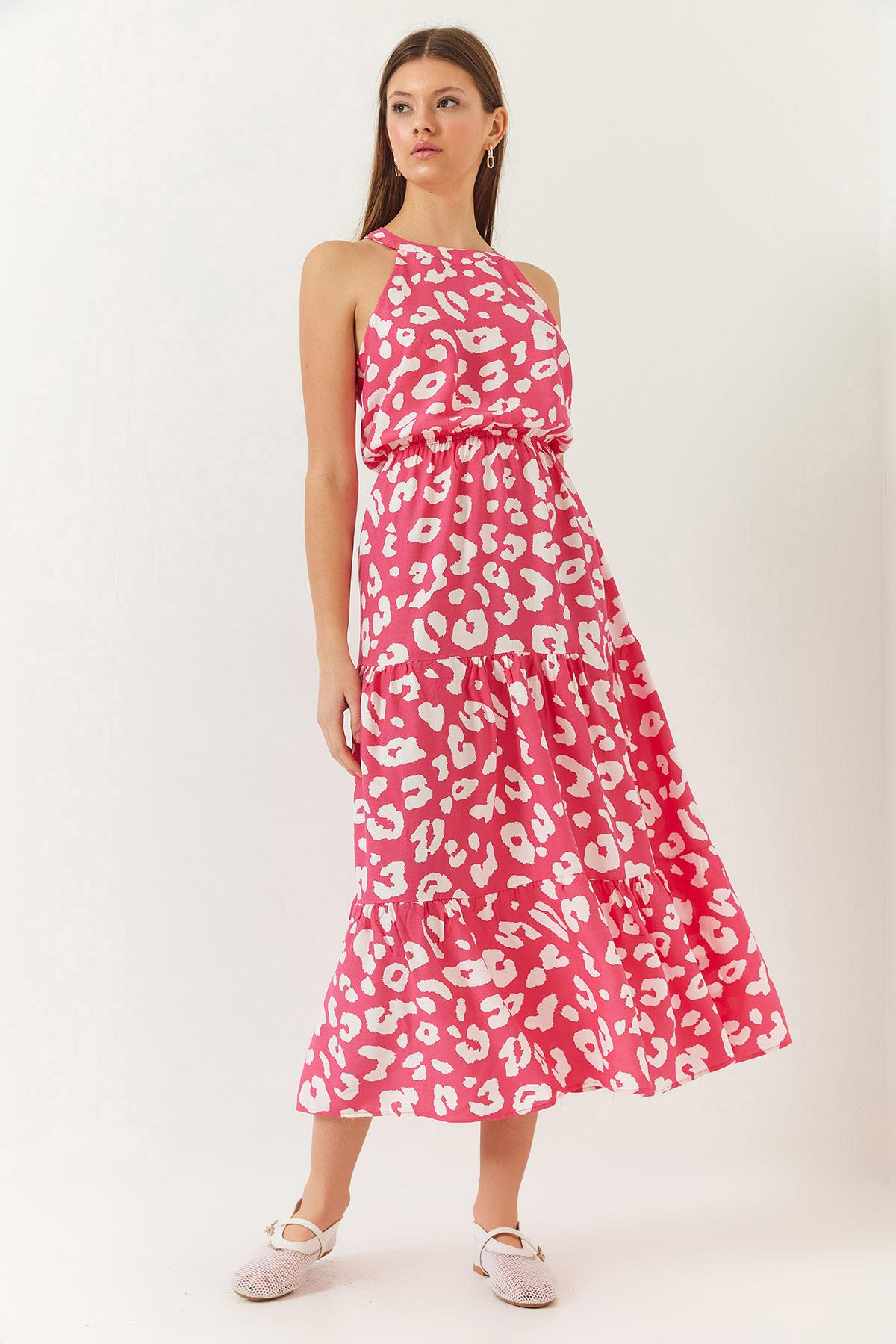 Halter Yaka Beli Lastikli Katlı Viskon Elbise 60261421 - Pembe