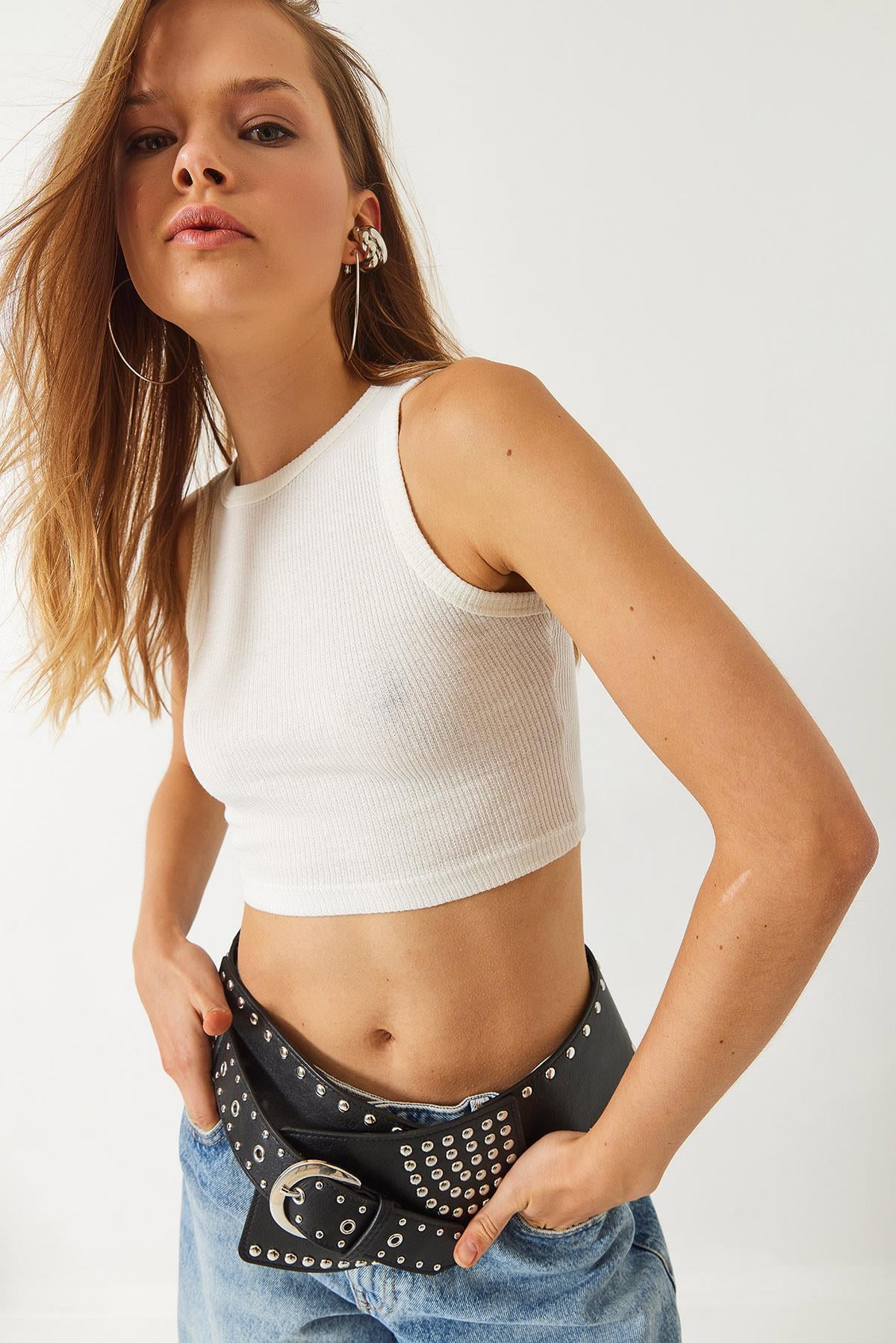 Halter Yaka Fitilli Kaşkorse Pamuk Crop Bluz 60261566 - Ekru