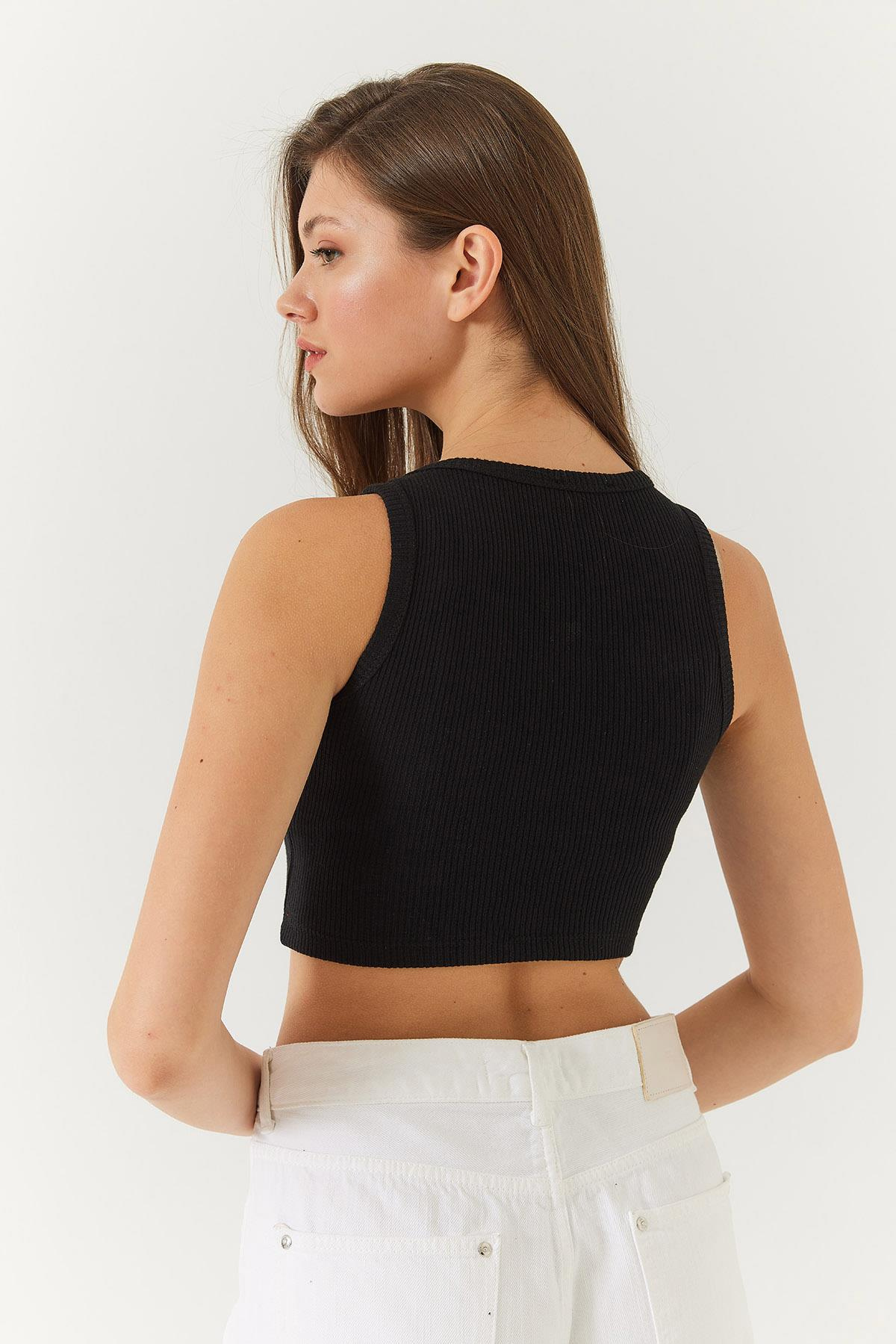 Halter Yaka Fitilli Kaşkorse Üçlü Bluz 60261081 - Beyaz-Siyah-Saks