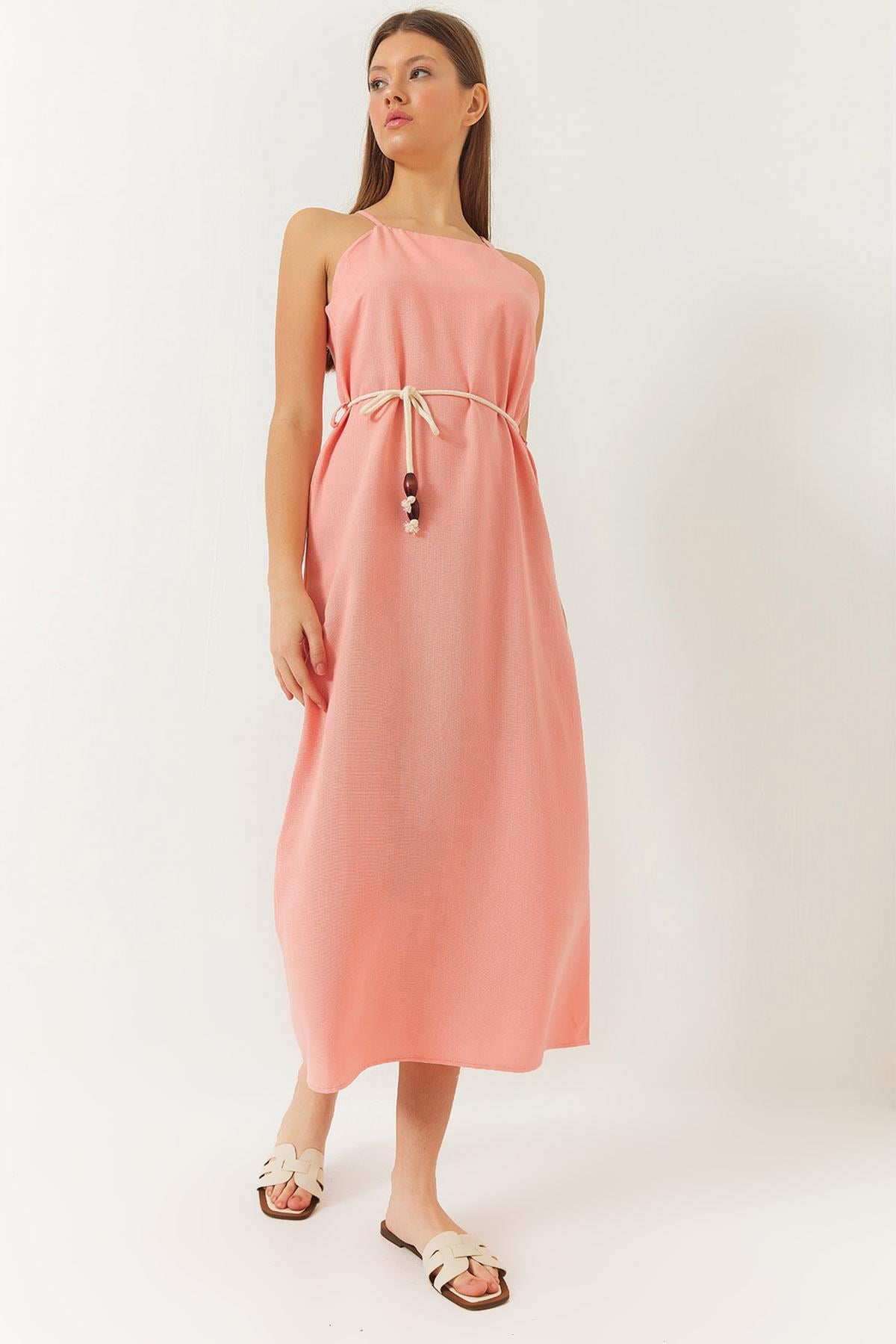 Halter Yaka Kuşak Detaylı Keten Elbise 60261422 - Somon