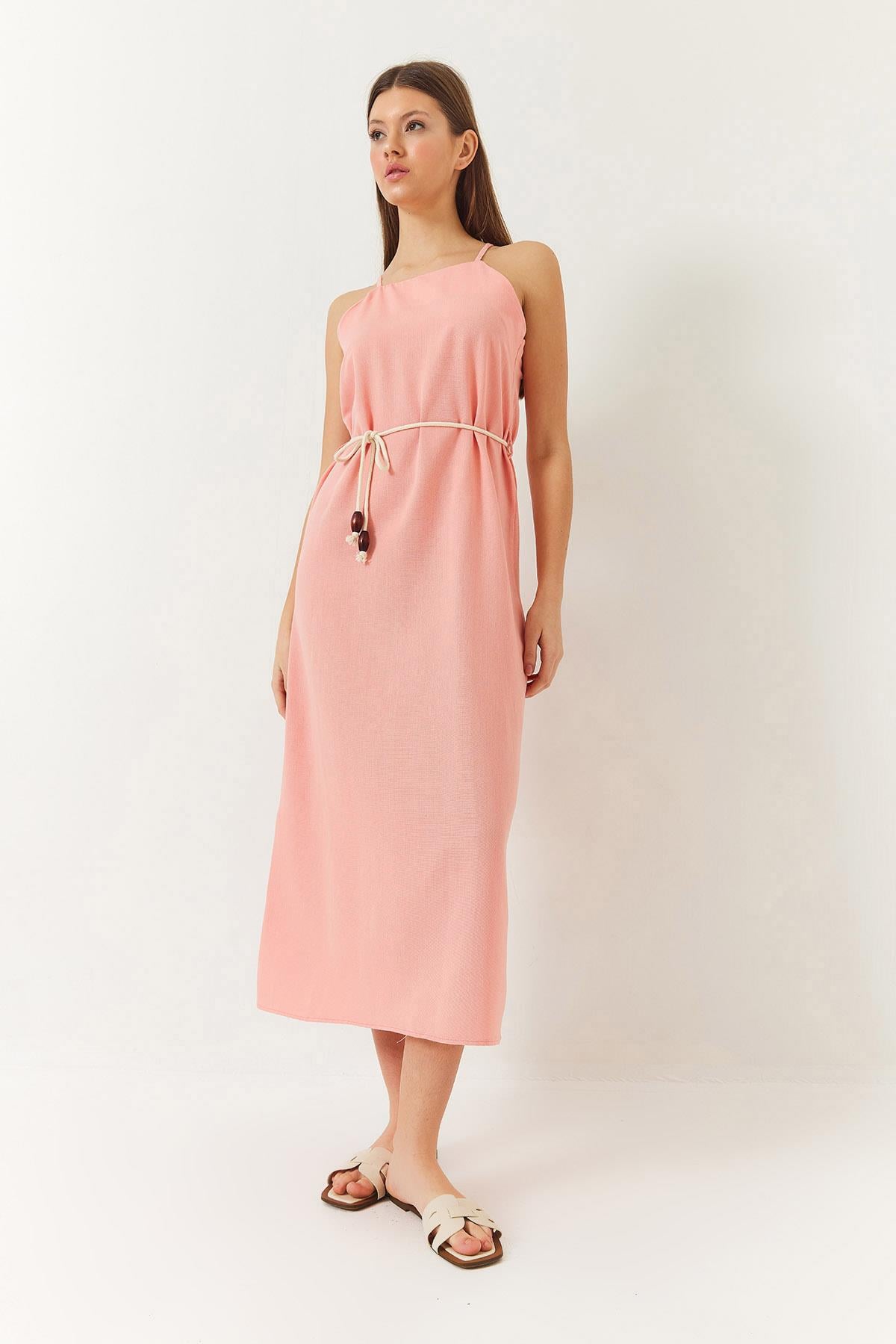 Halter Yaka Kuşak Detaylı Keten Elbise 60261422 - Somon