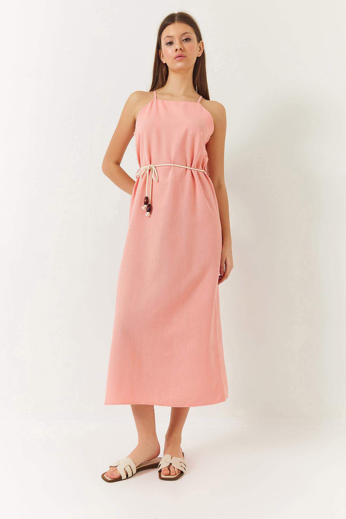 Halter Yaka Kuşak Detaylı Keten Elbise 60261422 - Somon