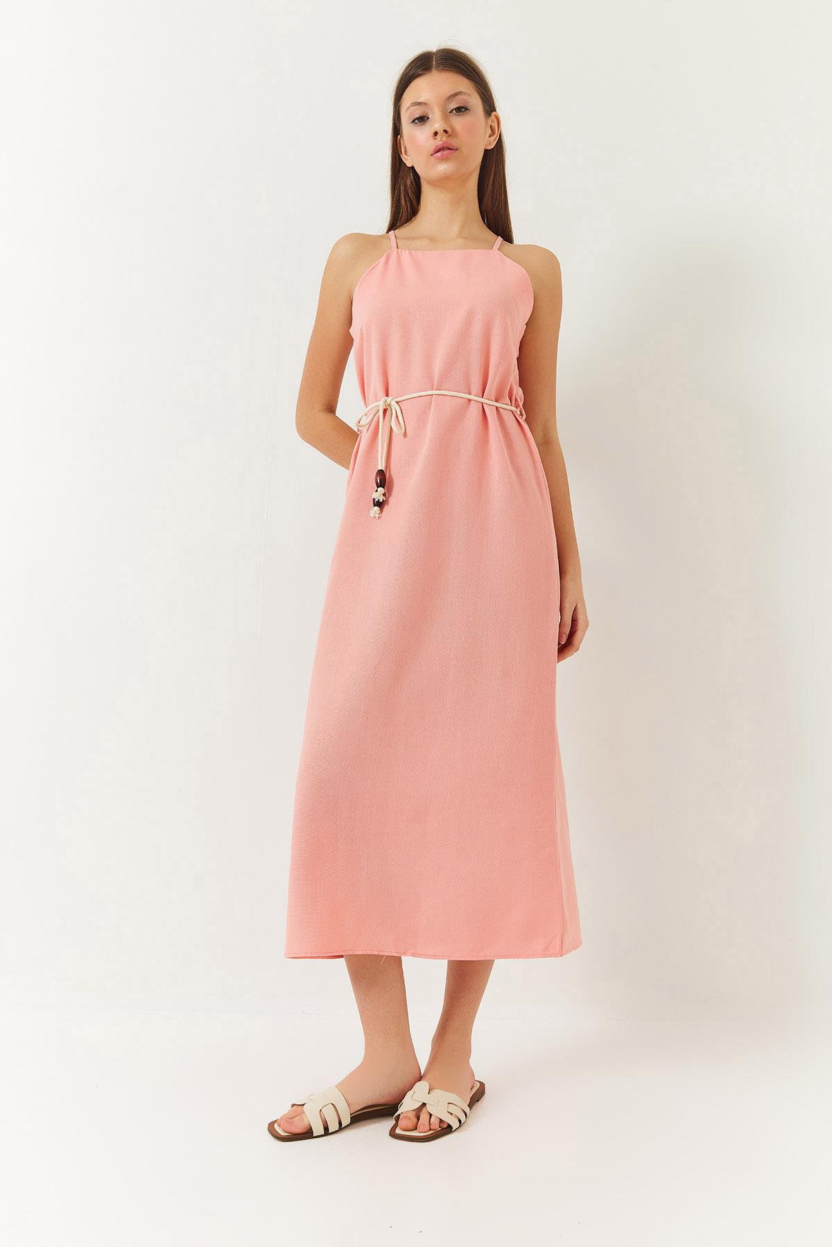 Halter Yaka Kuşak Detaylı Keten Elbise 60261422 - Somon