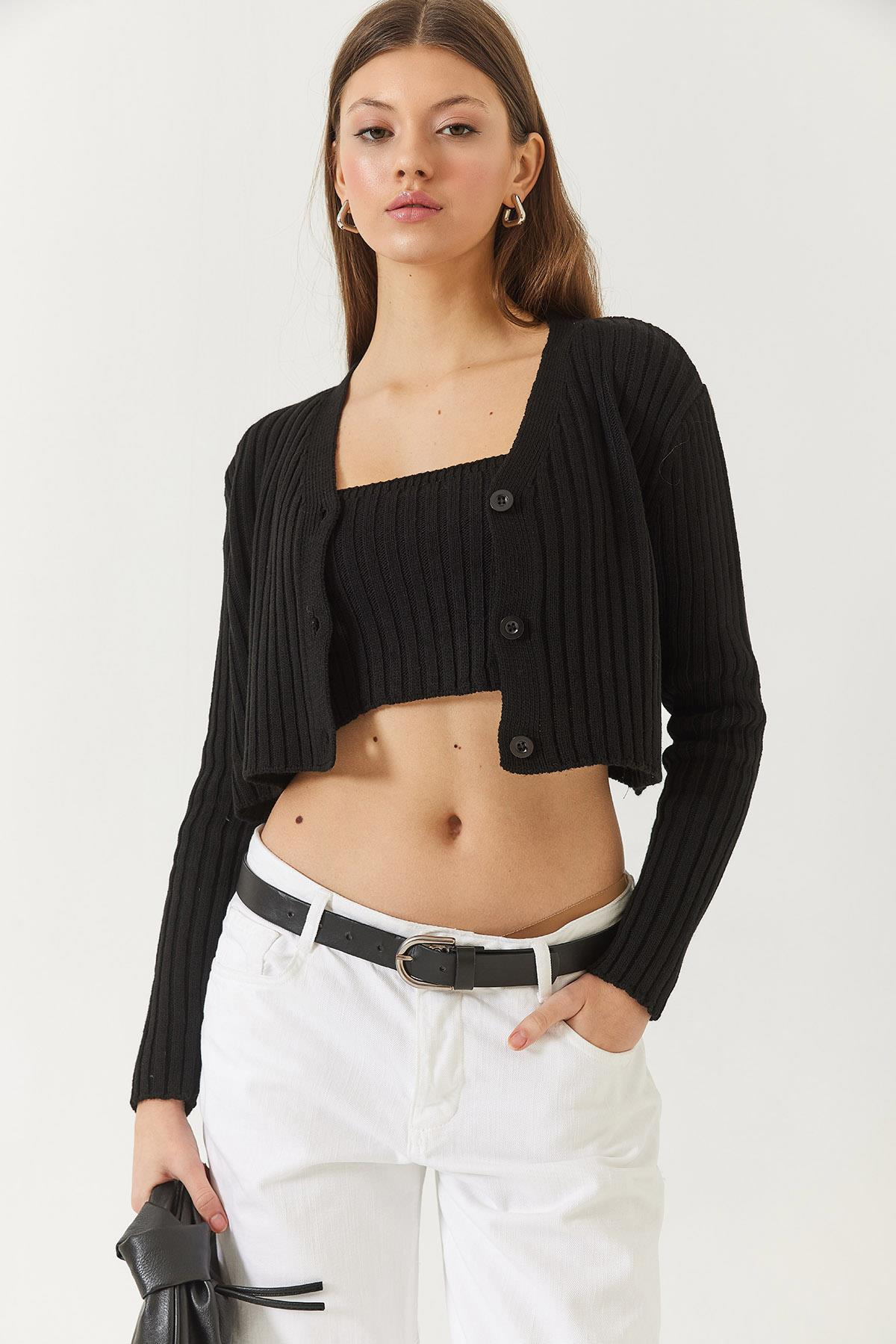 Hırka Crop Atlet İkili Triko Takım 60261447 - Siyah