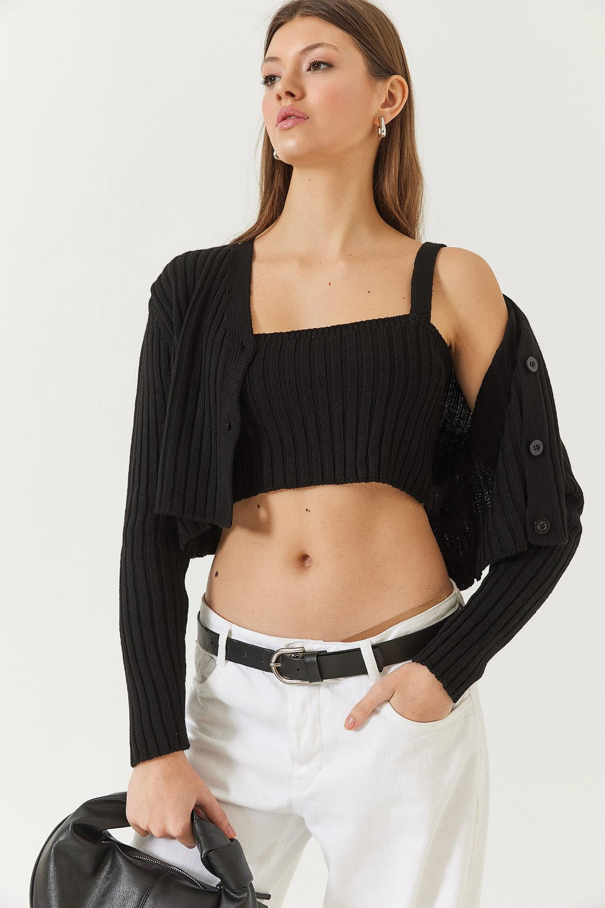 Hırka Crop Atlet İkili Triko Takım 60261447 - Siyah