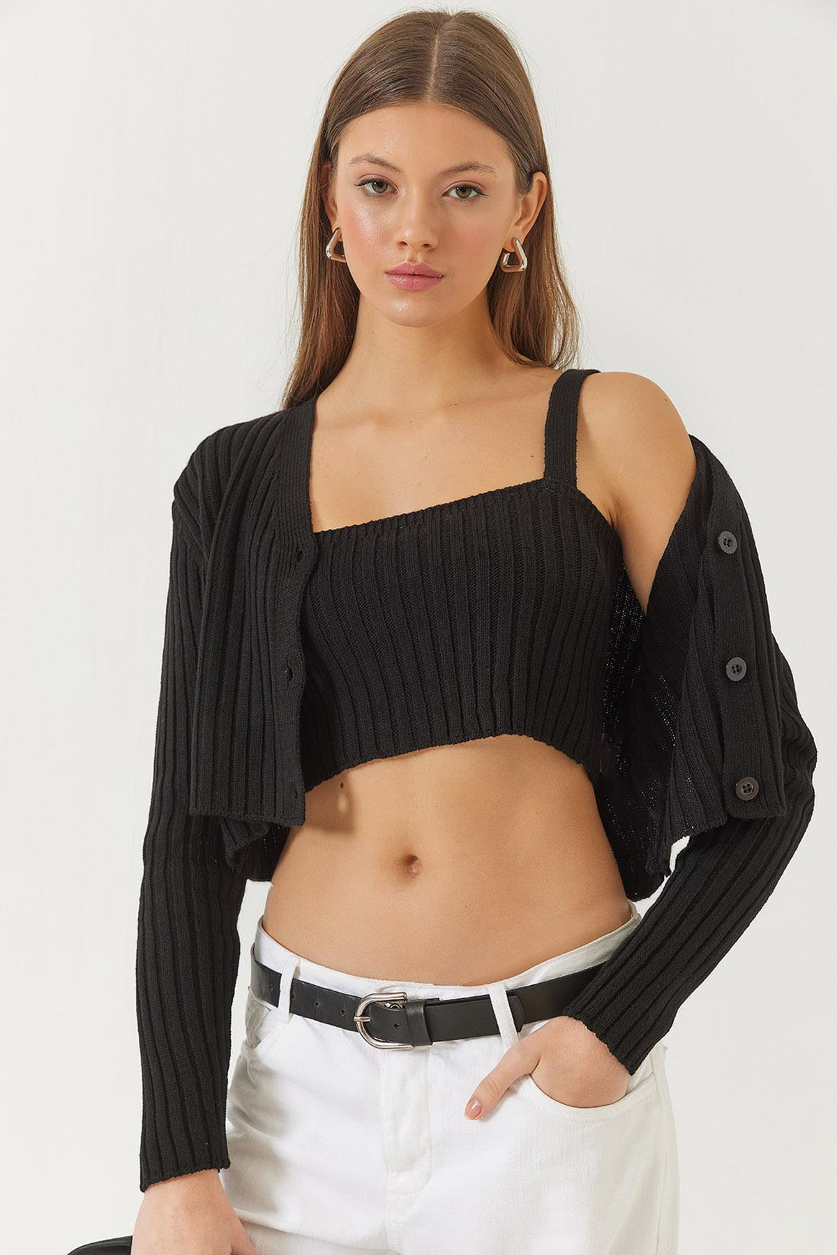 Hırka Crop Atlet İkili Triko Takım 60261447 - Siyah