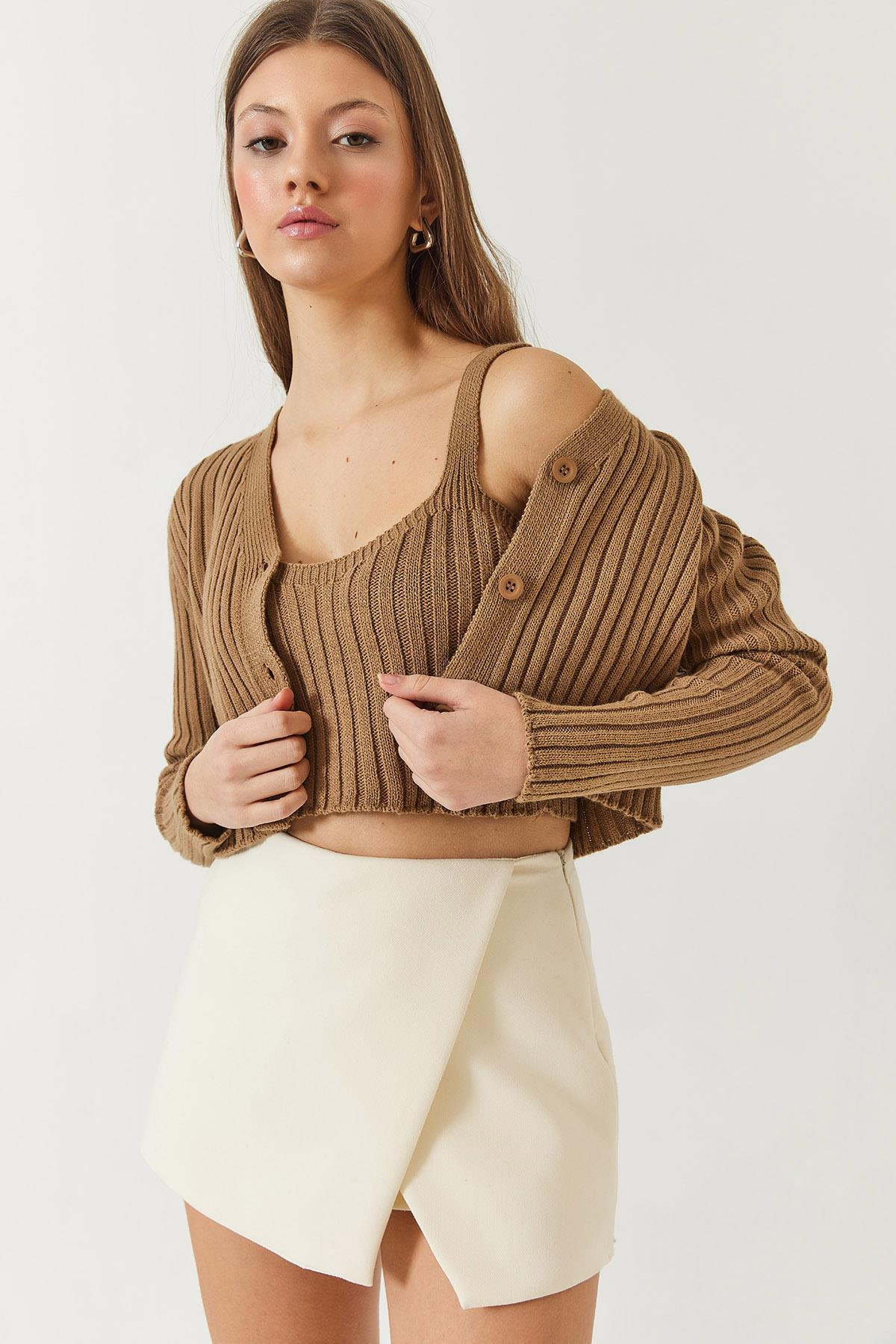 Hırka Crop Atlet İkili Triko Takım 60261447 - Camel