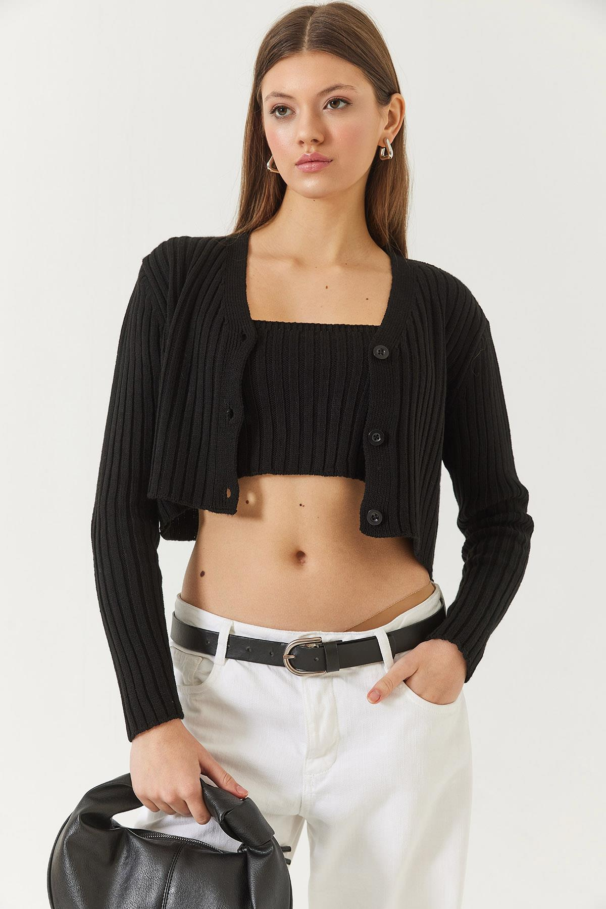 Hırka Crop Atlet İkili Triko Takım 60261447 - Siyah