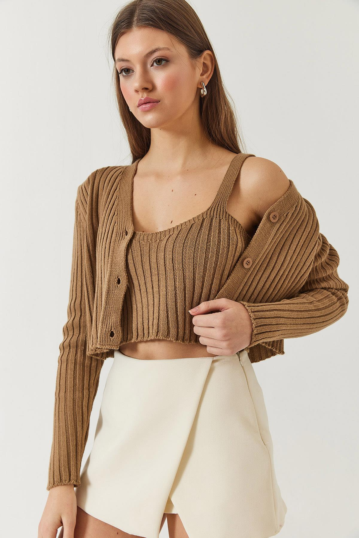 Hırka Crop Atlet İkili Triko Takım 60261447 - Camel