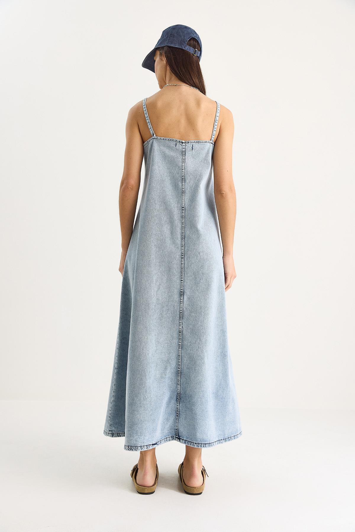 İnce Askılı Uzun Denim Elbise 6058 60281039 - Kar Yıkama