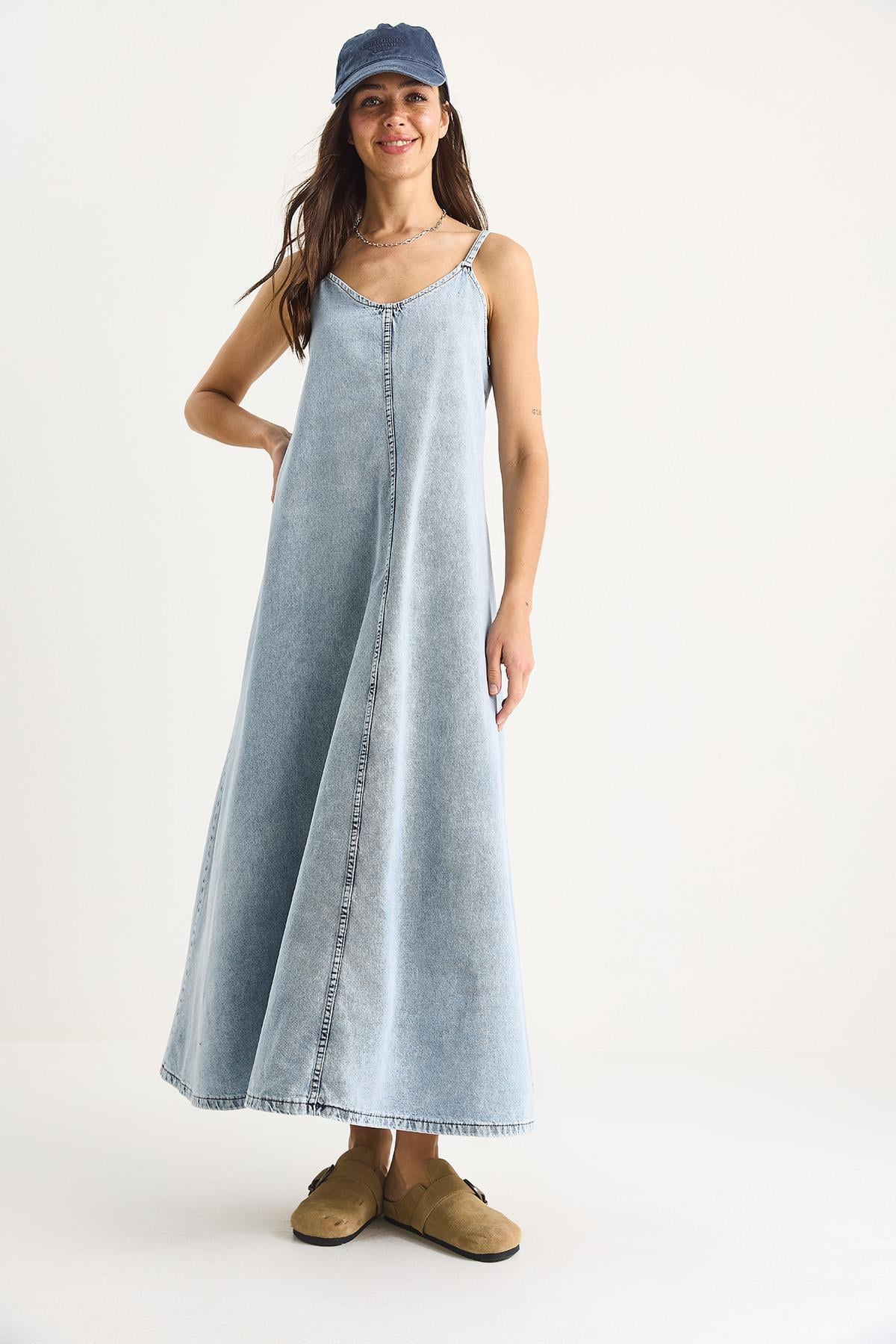 İnce Askılı Uzun Denim Elbise 6058 60281039 - Kar Yıkama