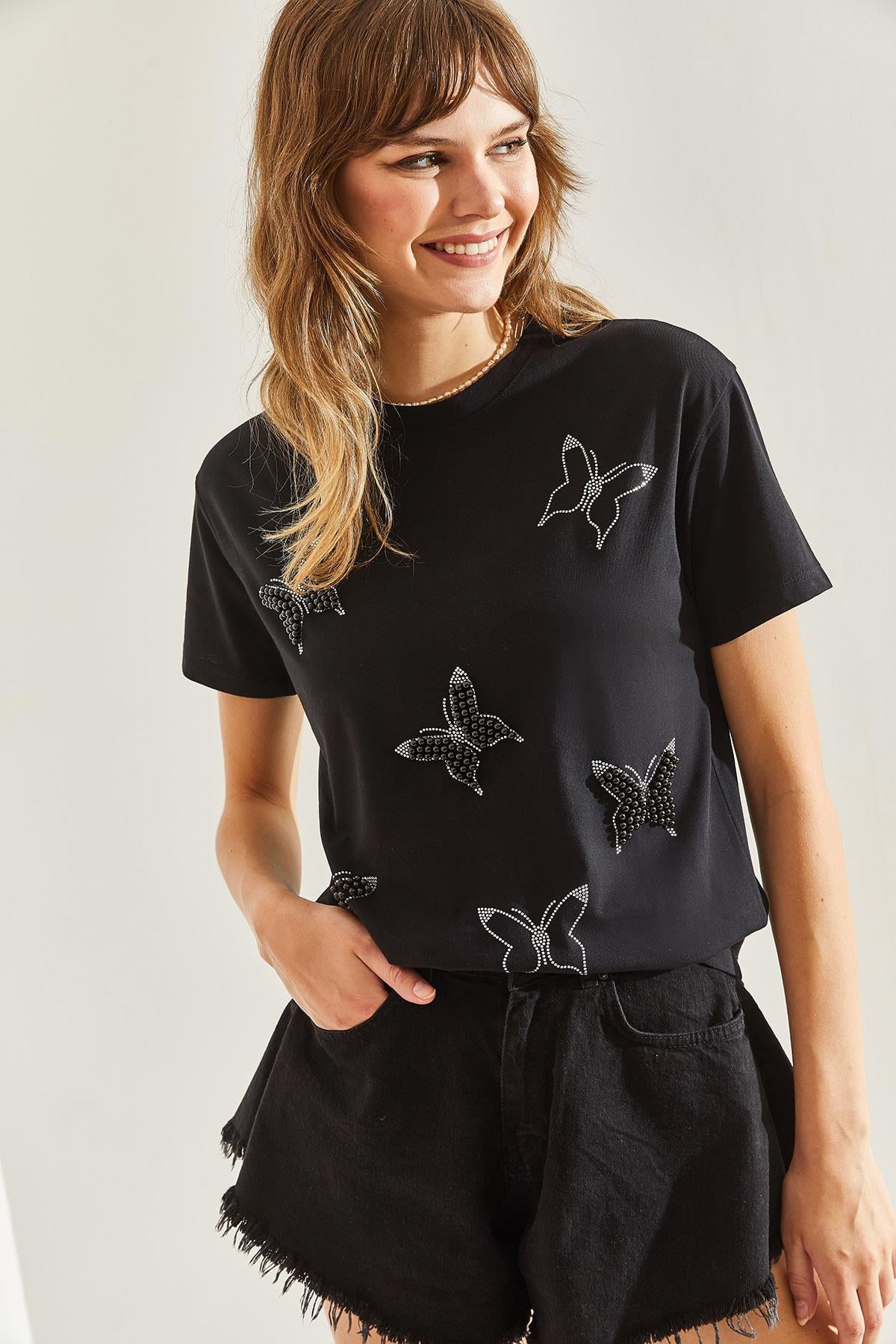 İnci Taş İşlemeli Penye Tshirt 60211009 - Siyah T-SHİRT modelleri