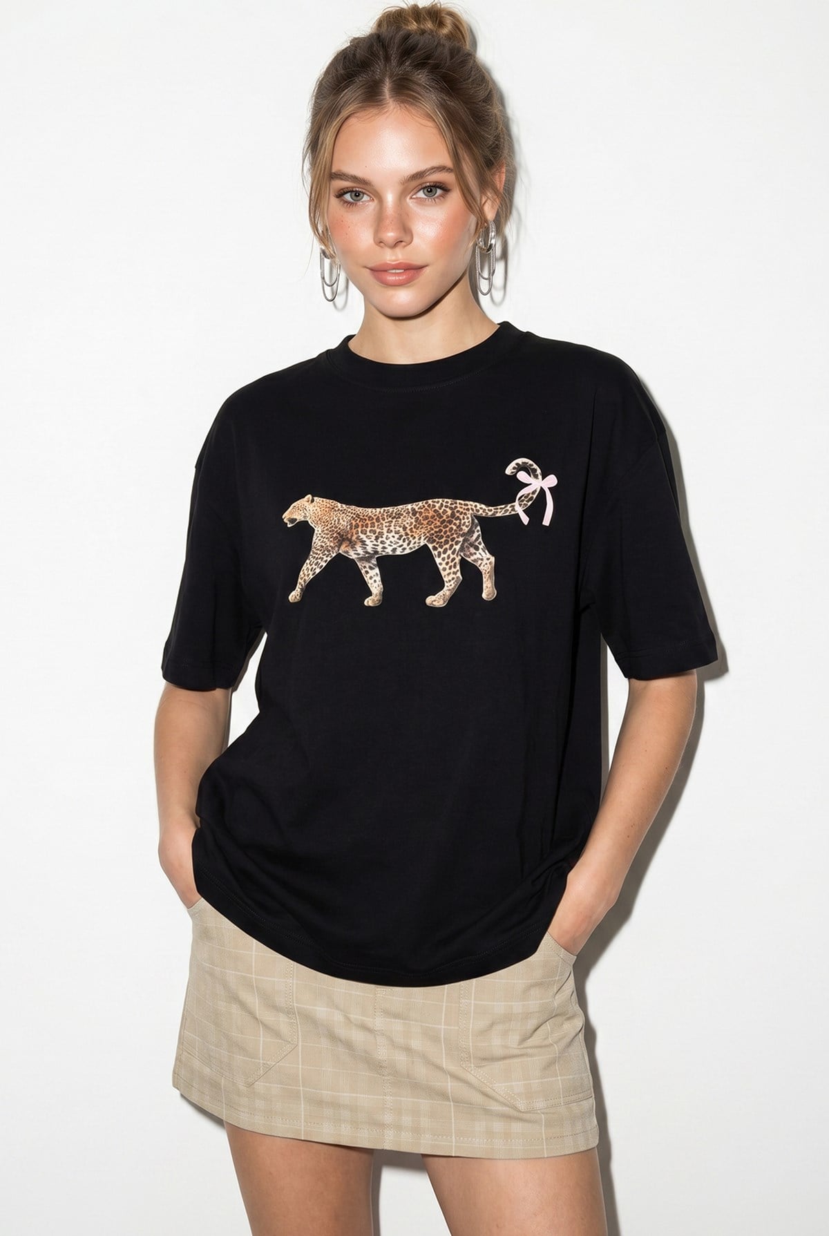 Kadın %100 Pamuk Çita Baskılı Oversize T-Shirt ÖT261125 60286380 - Siyah T-SHİRT modelleri