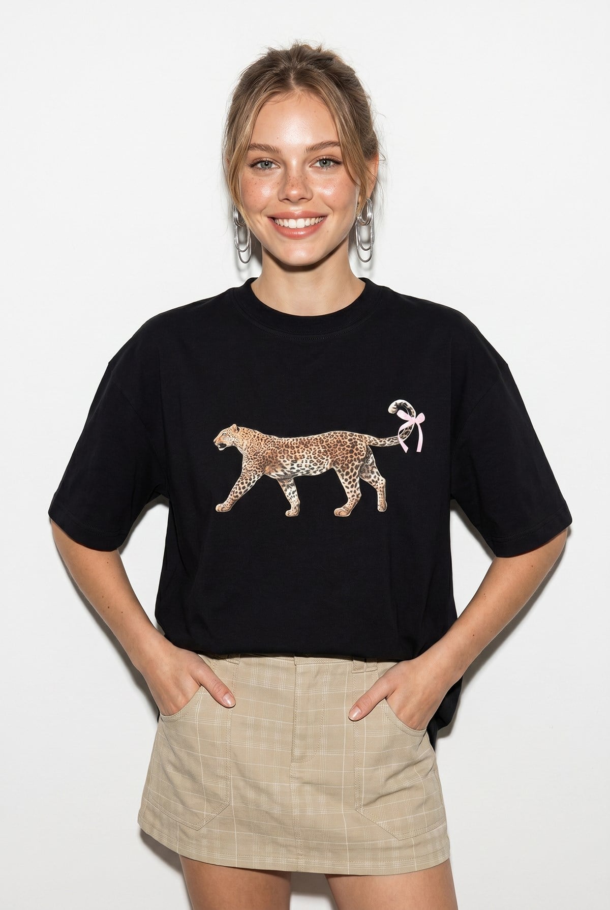 Kadın %100 Pamuk Çita Baskılı Oversize T-Shirt ÖT261125 60286380 - Siyah T-SHİRT modelleri