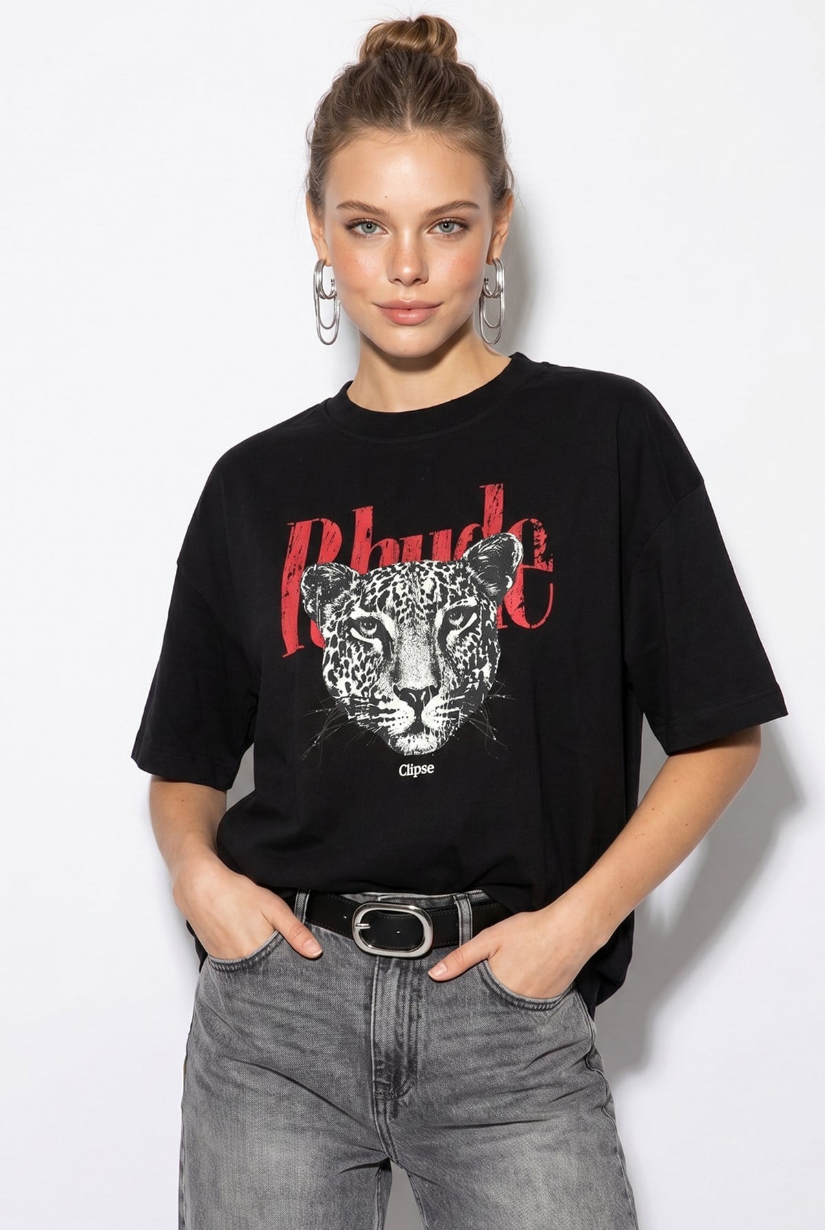 Kadın %100 Pamuk Çita Baskılı Yazı Detaylı Oversize T-Shirt ÖT261063 60286379 - Siyah T-SHİRT modelleri