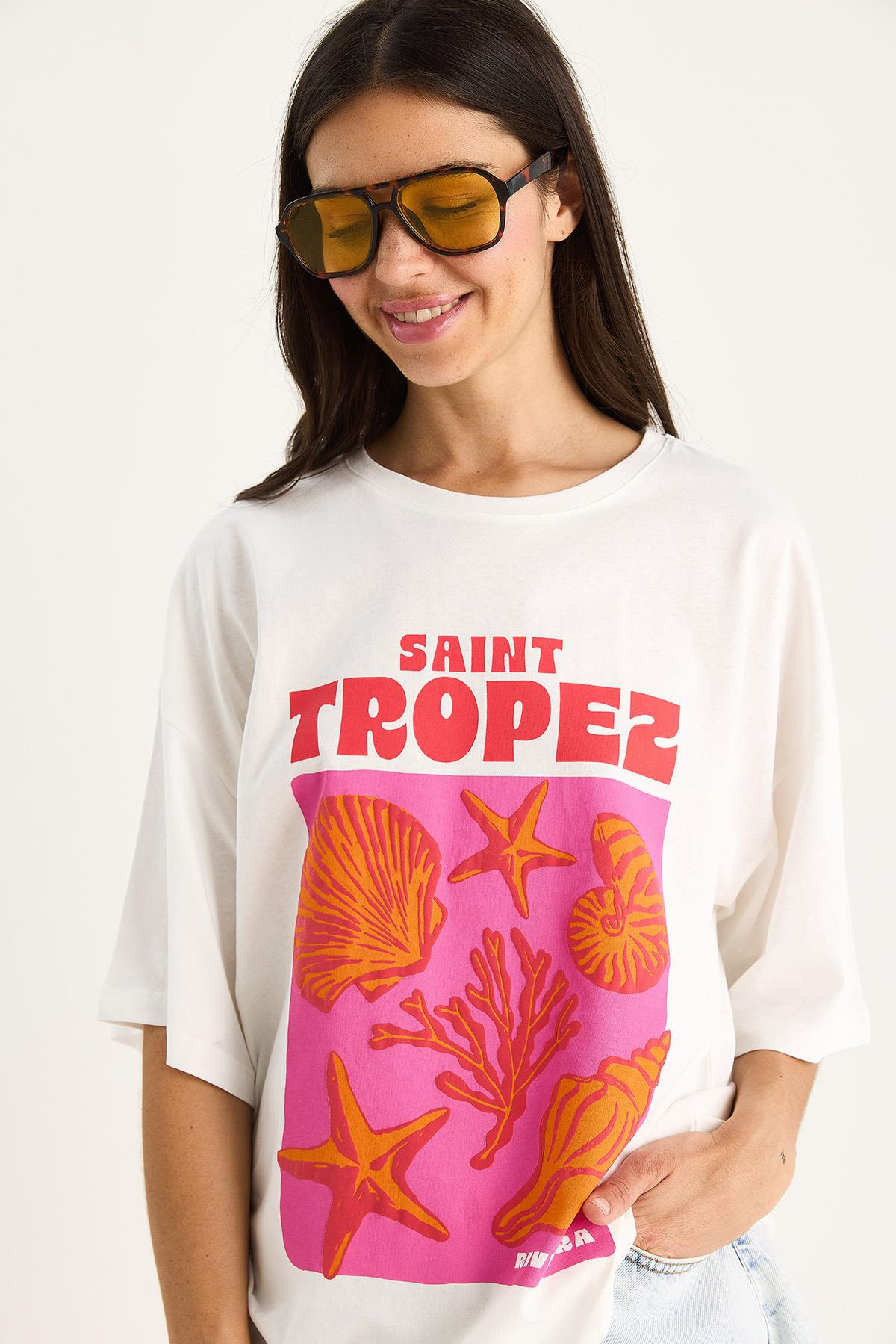 Kadın %100 Pamuklu Deniz Kabuğu Baskılı Oversize T-Shirt 6016 60283453 - Beyaz