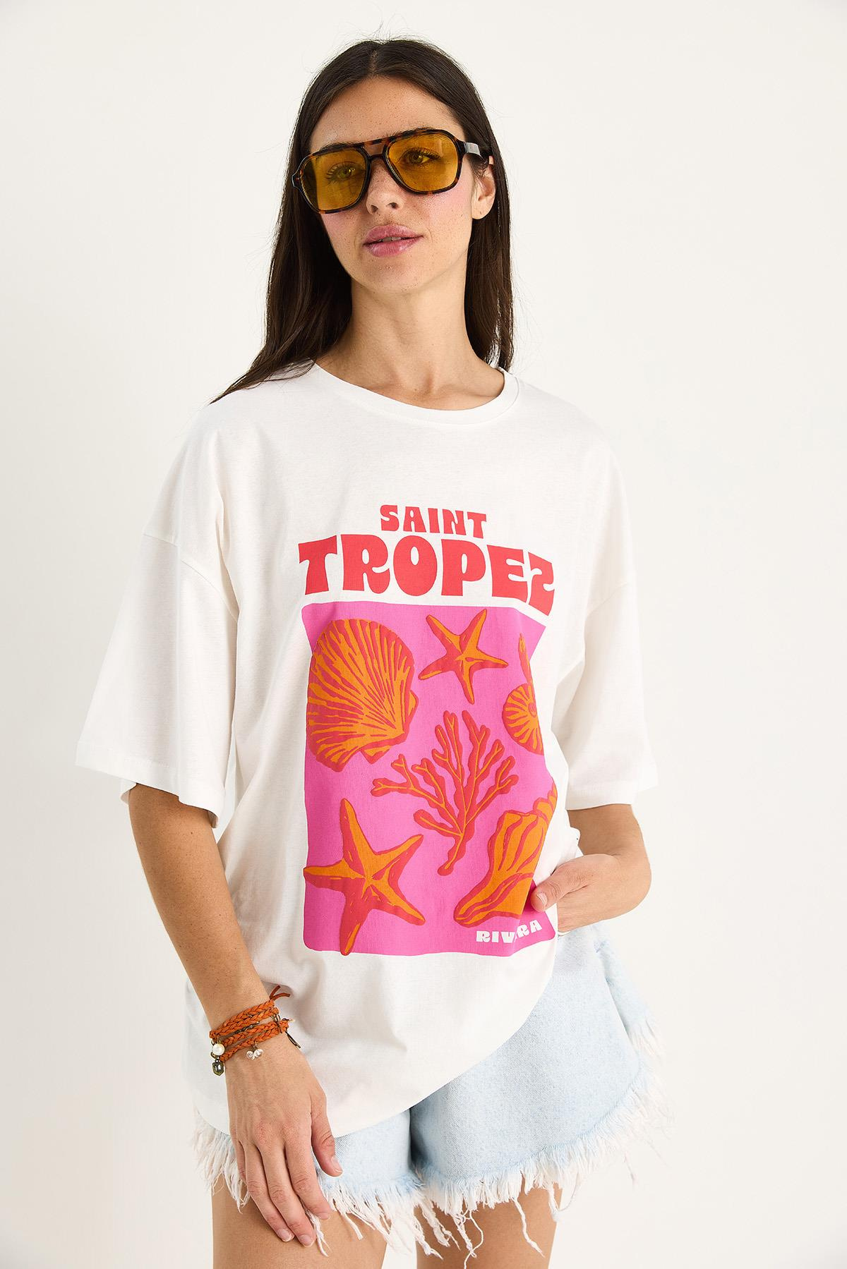 Kadın %100 Pamuklu Deniz Kabuğu Baskılı Oversize T-Shirt 6016 60283453 - Beyaz