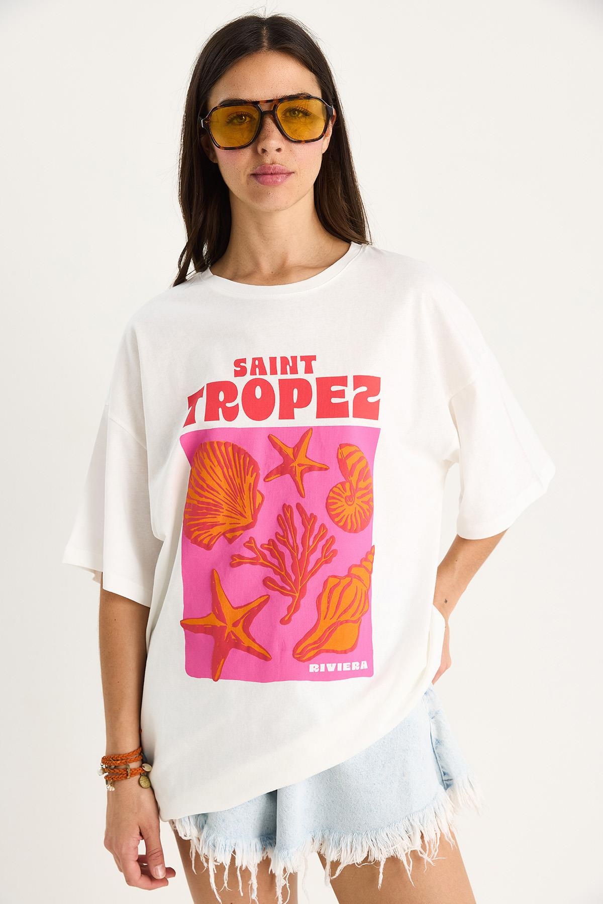 Kadın %100 Pamuklu Deniz Kabuğu Baskılı Oversize T-Shirt 6016 60283453 - Beyaz