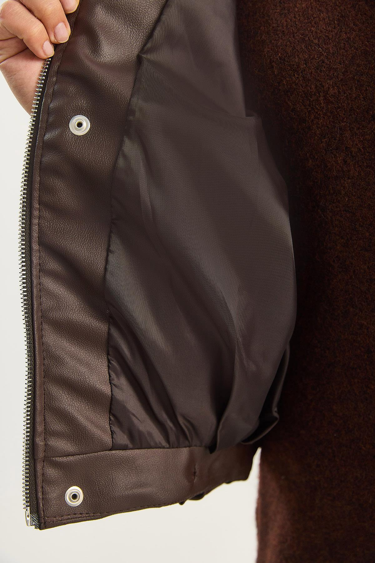 Kadın Apolet Detaylı Cepli Oversize Suni Deri Bomber Ceket 1055 60283650 - Acı Kahve CEKET modelleri