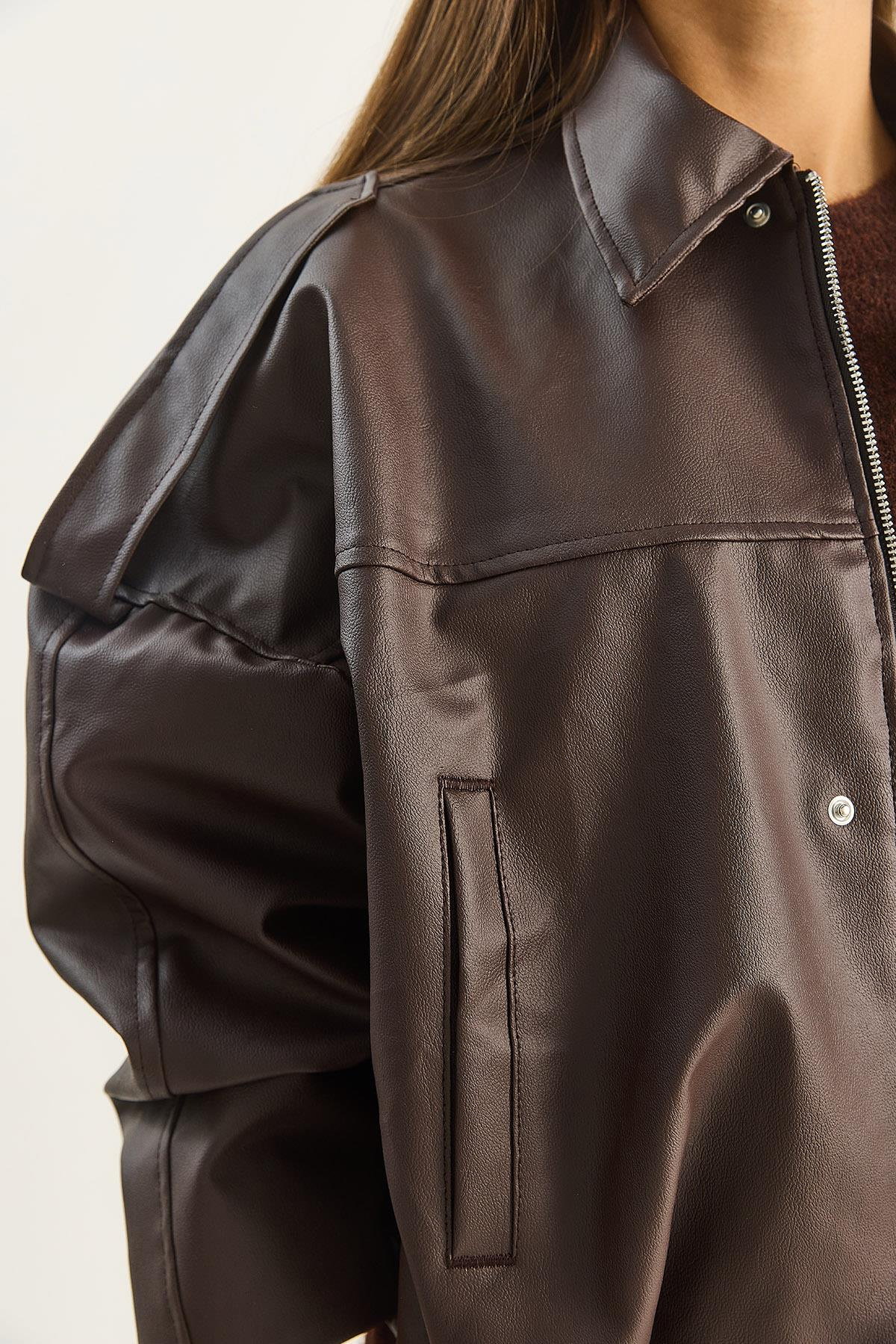 Kadın Apolet Detaylı Cepli Oversize Suni Deri Bomber Ceket 1055 60283650 - Acı Kahve CEKET modelleri