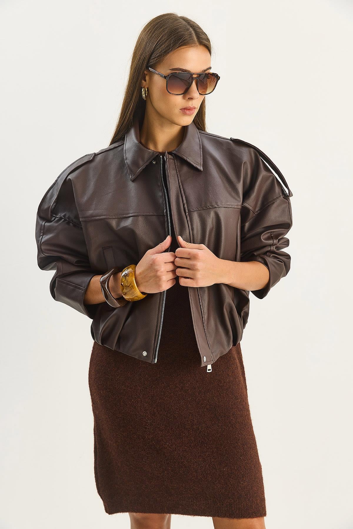 Kadın Apolet Detaylı Cepli Oversize Suni Deri Bomber Ceket 1055 60283650 - Acı Kahve CEKET modelleri