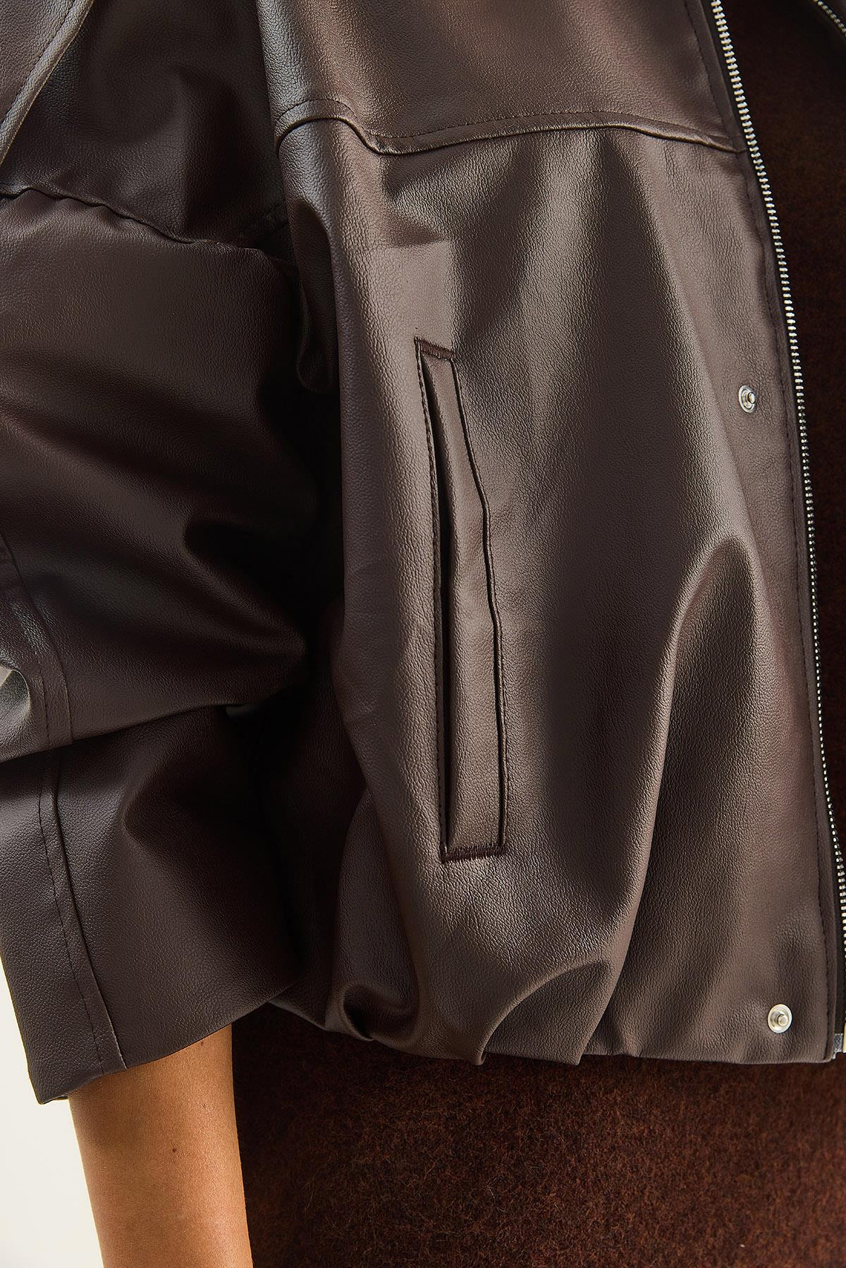 Kadın Apolet Detaylı Cepli Oversize Suni Deri Bomber Ceket 1055 60283650 - Acı Kahve CEKET modelleri