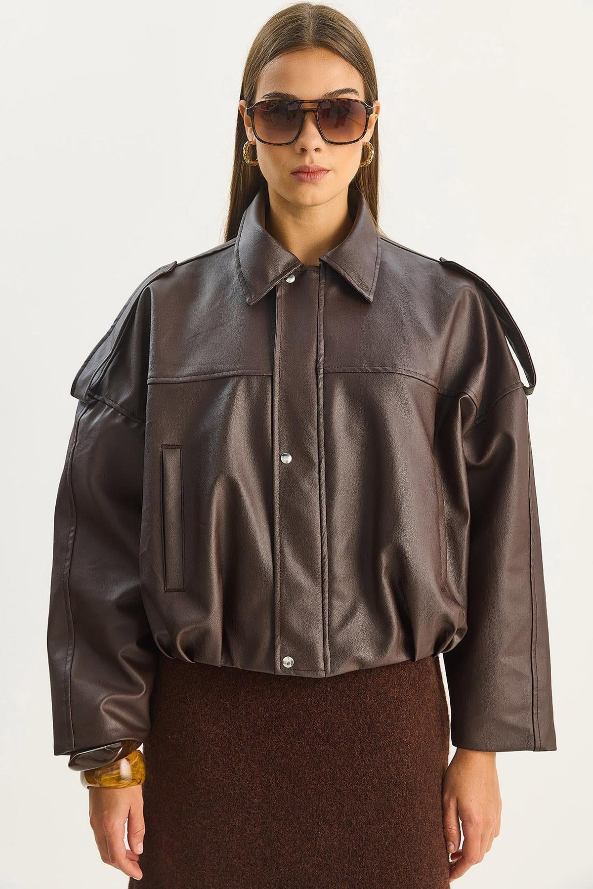 Kadın Apolet Detaylı Cepli Oversize Suni Deri Bomber Ceket 1055 60283650 - Acı Kahve CEKET modelleri
