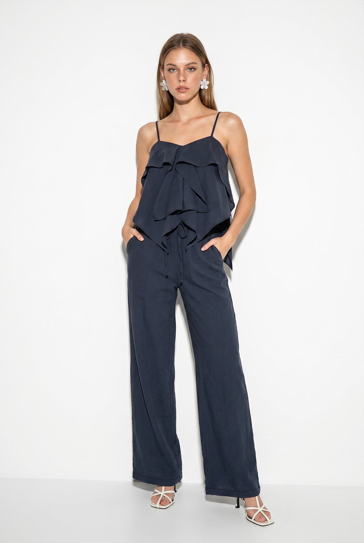 Kadın Askılı Fırfır Detaylı Bluz Bol Pantolon Modal Takım DT261010 60286383 - İndigo ALT - ÜST TAKIM modelleri