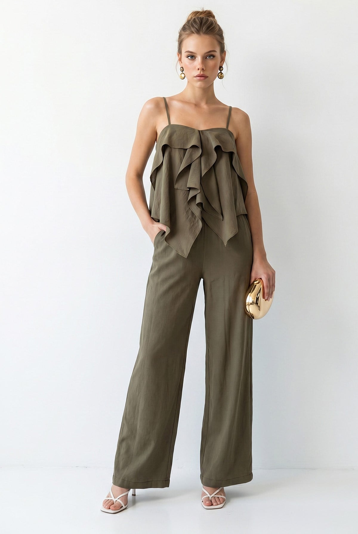 Kadın Askılı Fırfır Detaylı Bluz Bol Pantolon Modal Takım DT261010 60286383 - Haki ALT - ÜST TAKIM modelleri