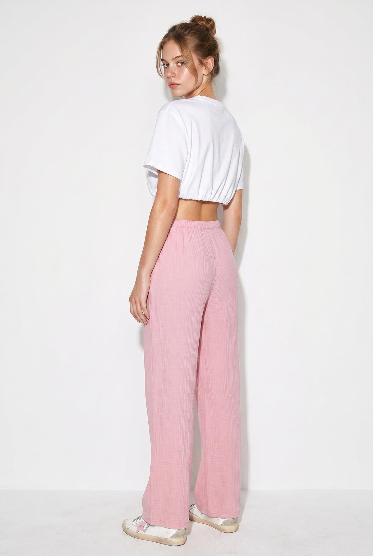 Kadın Bağcıklı Beli Lastikli Müslin Geniş Paça Pantolon YP5502 60286190 - Pembe PANTOLON modelleri